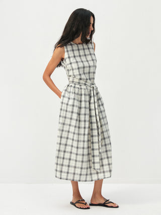 CUBIC Cotton Check Belted Sleeveless Midi Skirt