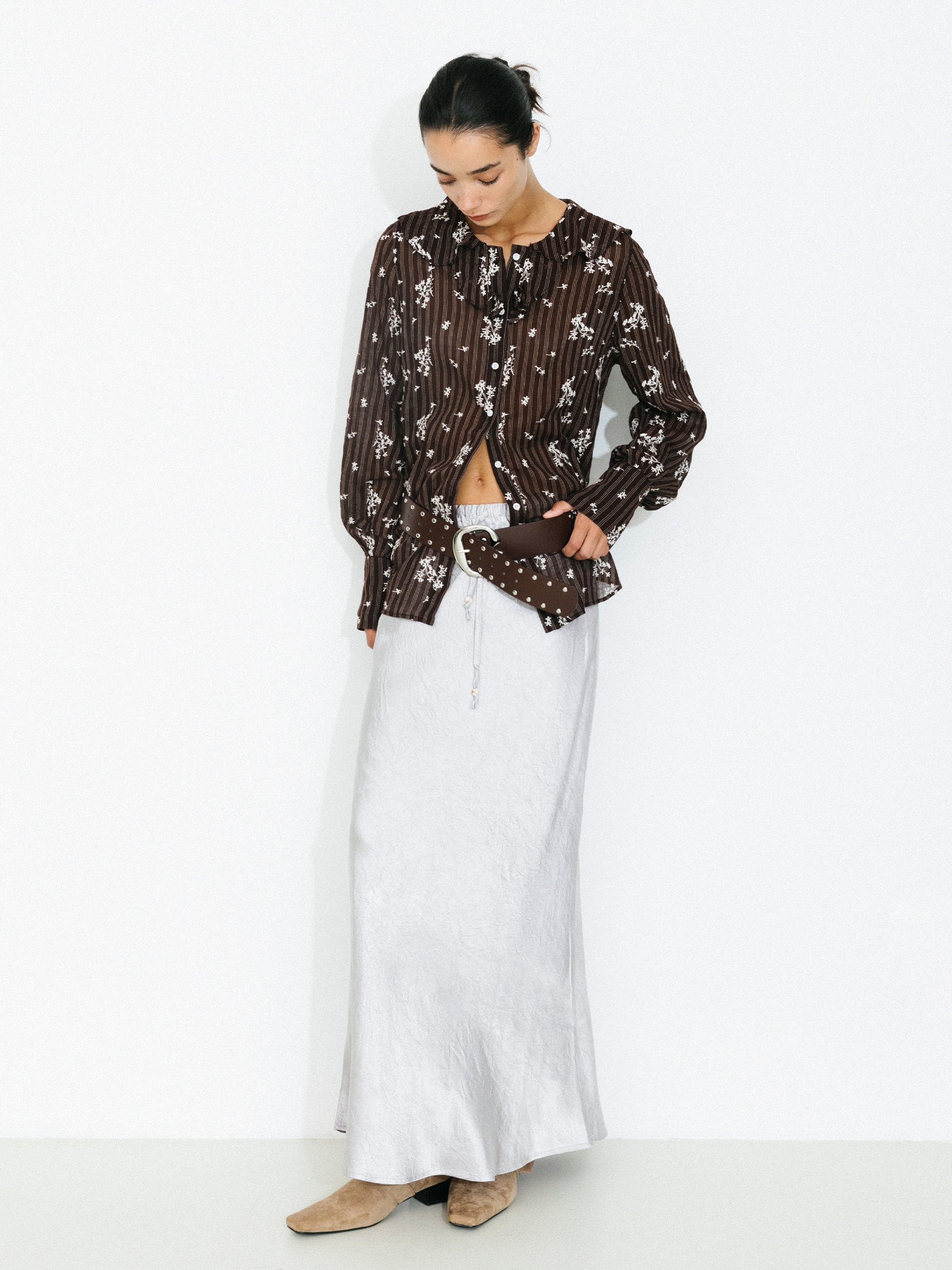 Striped Floral Ruffle Collar Cotton Shirt-5