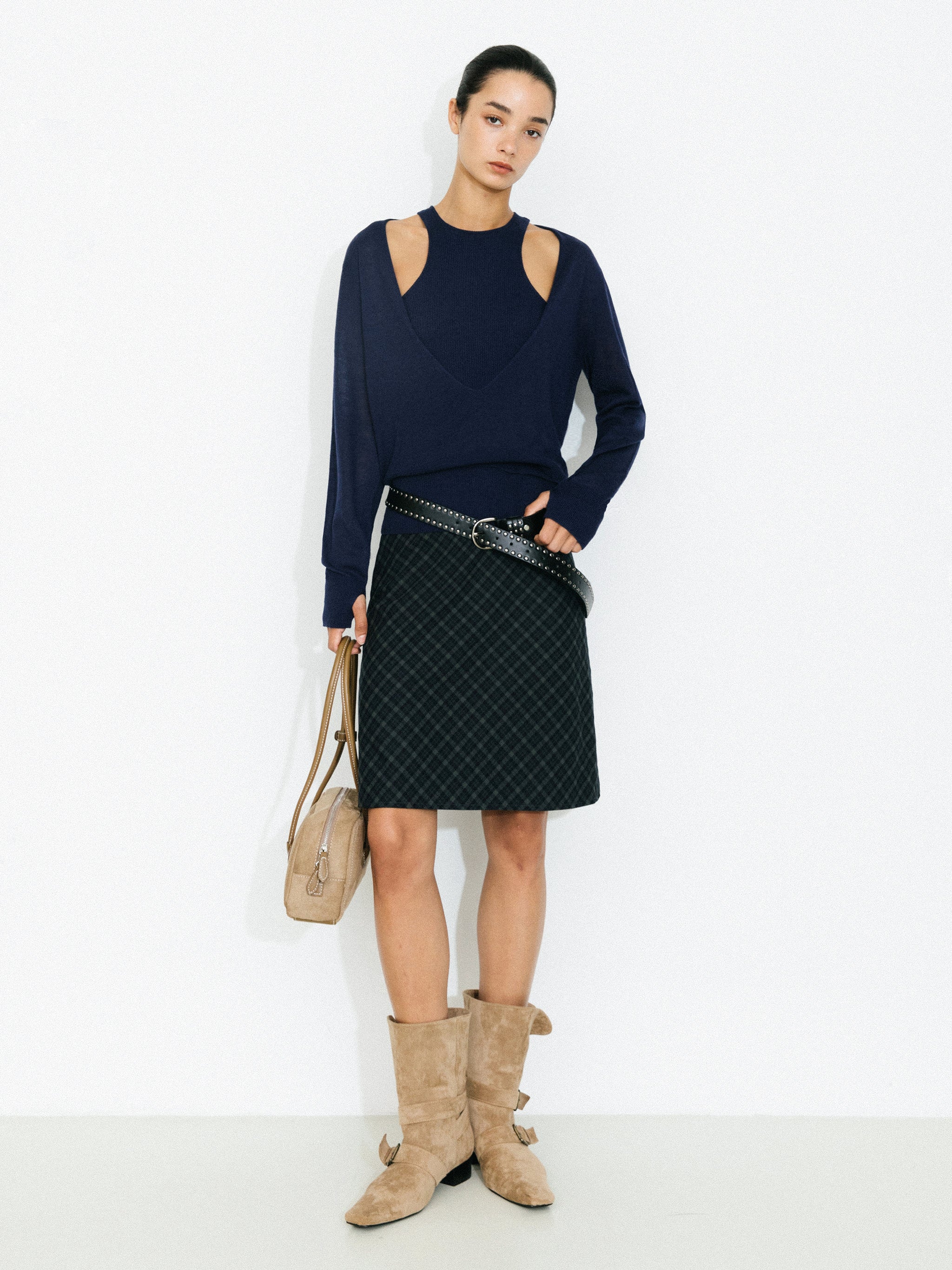 Straight-Cut Check Skirt-5