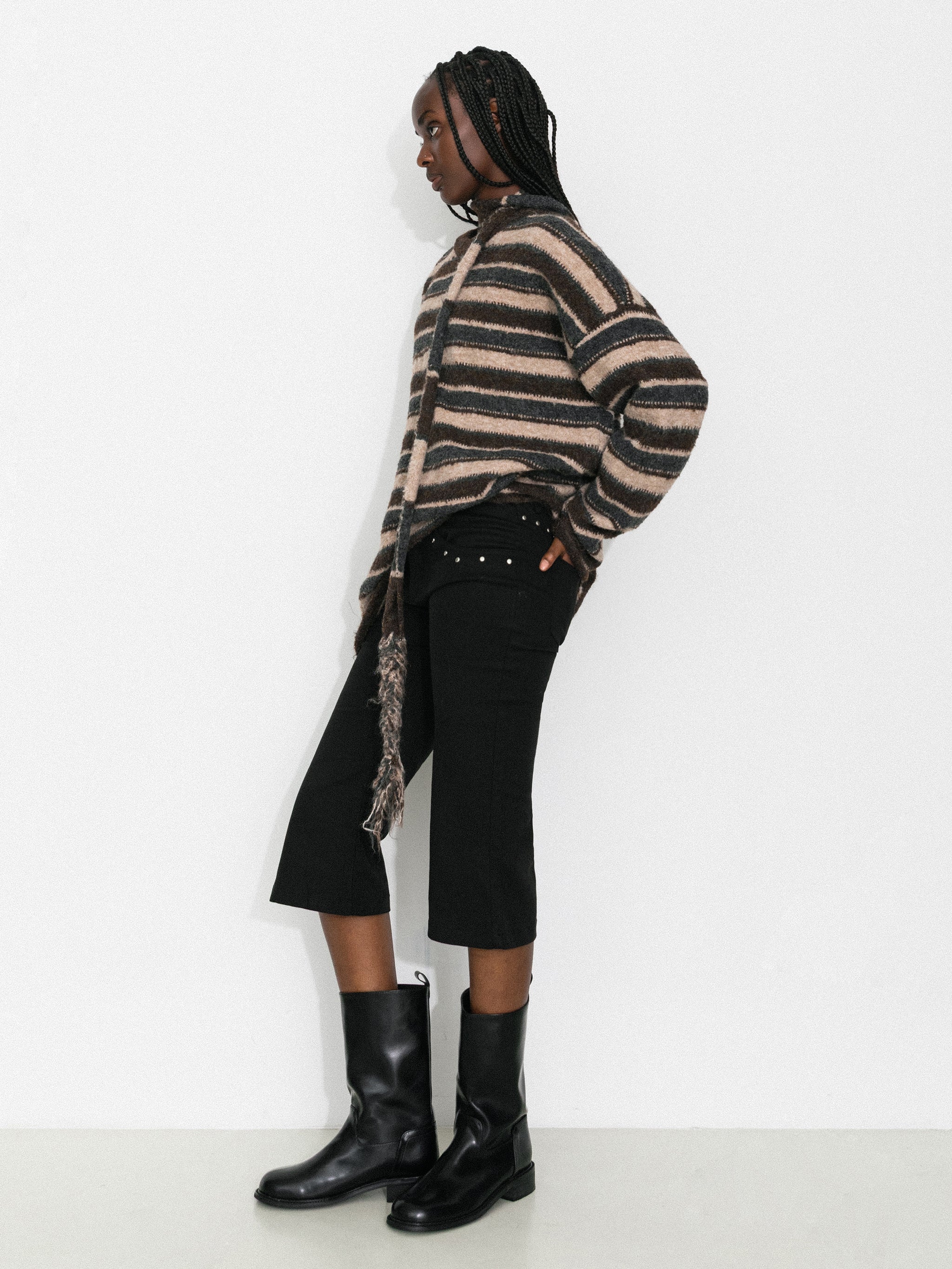 Retro Striped Pullover Sweater with Scarf-5