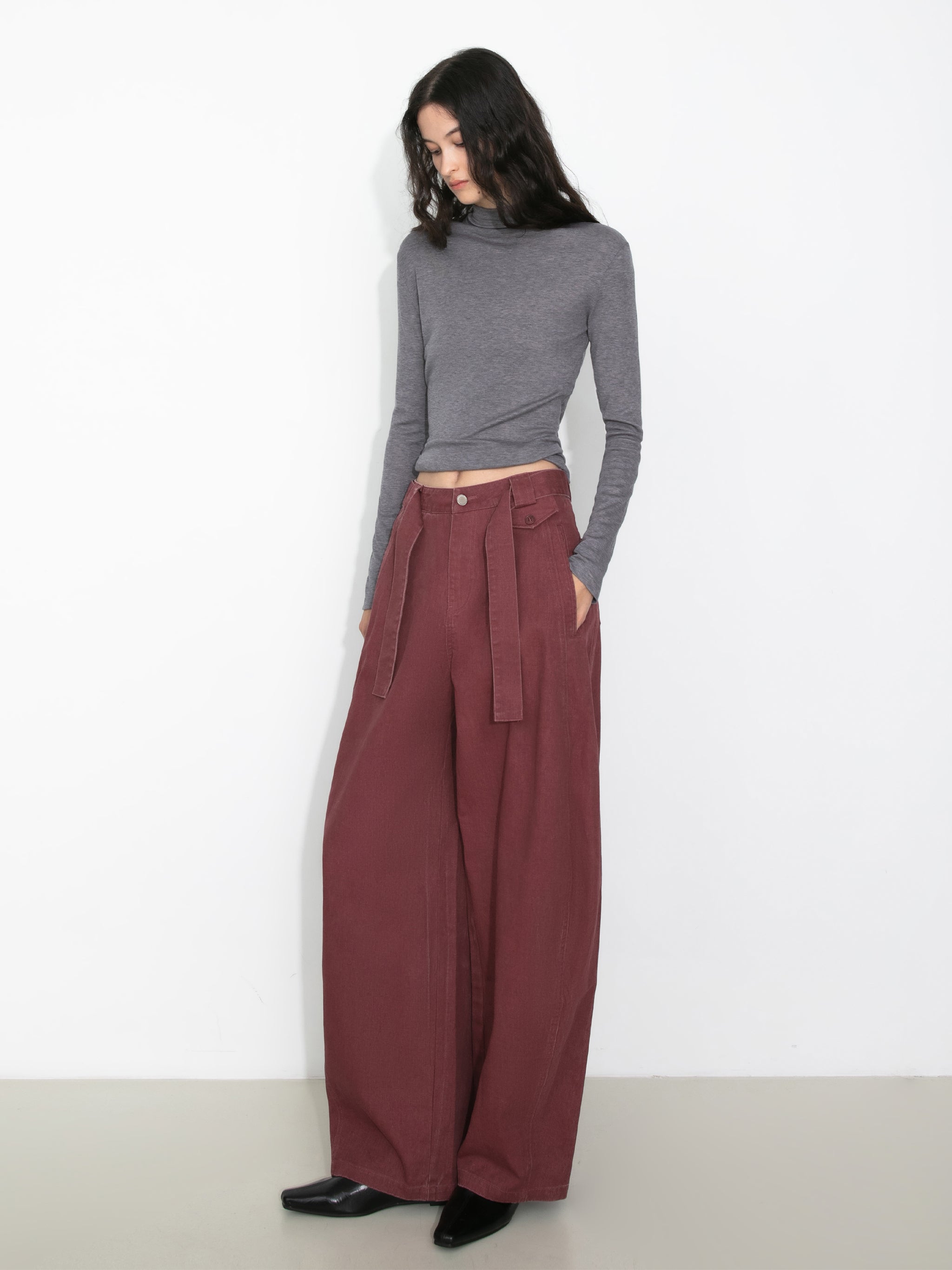 Wide Belted Tapered-Leg Denim Trousers-5