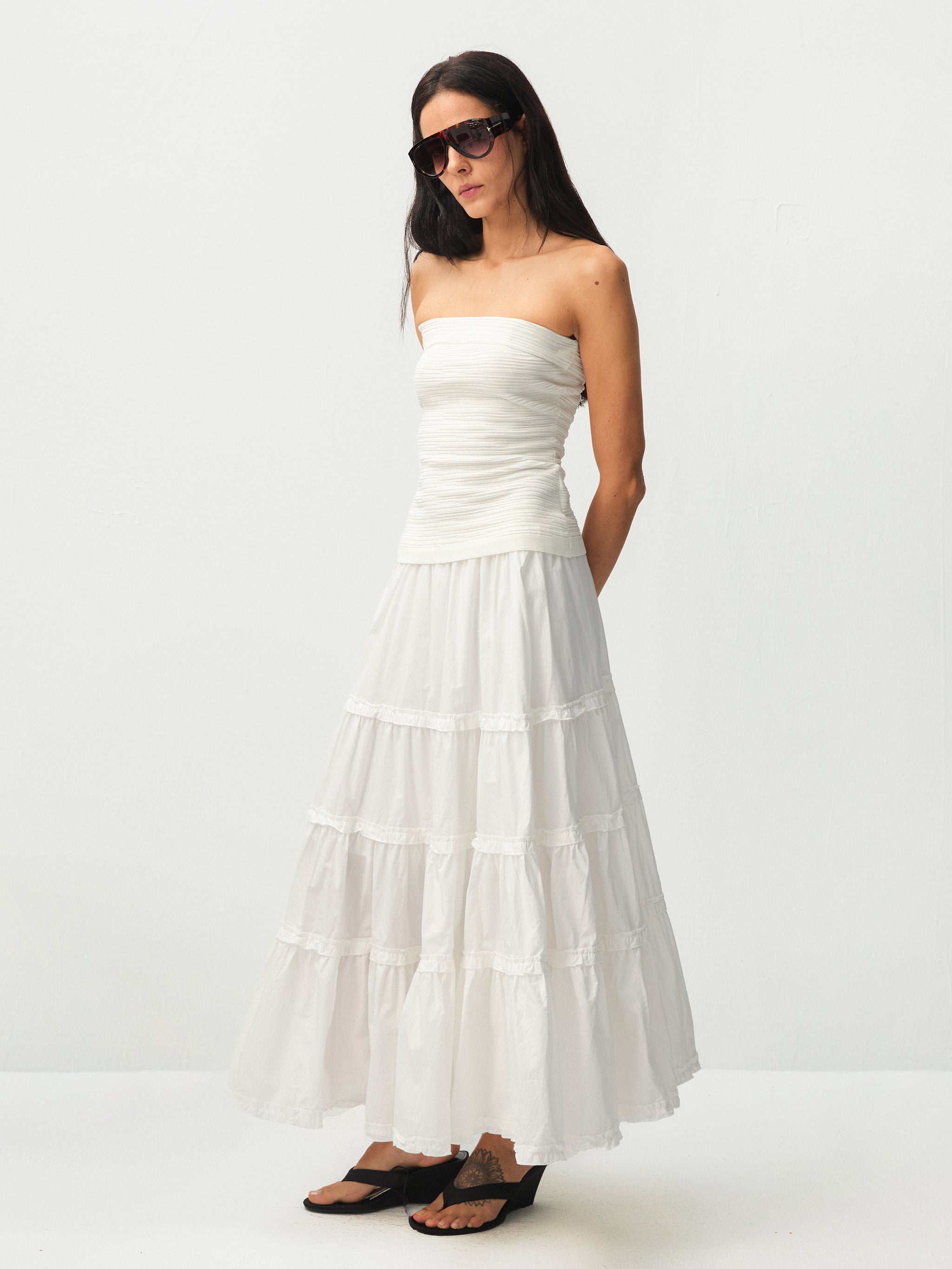 100% Cotton A-line Ruffled White Cake skirt-5