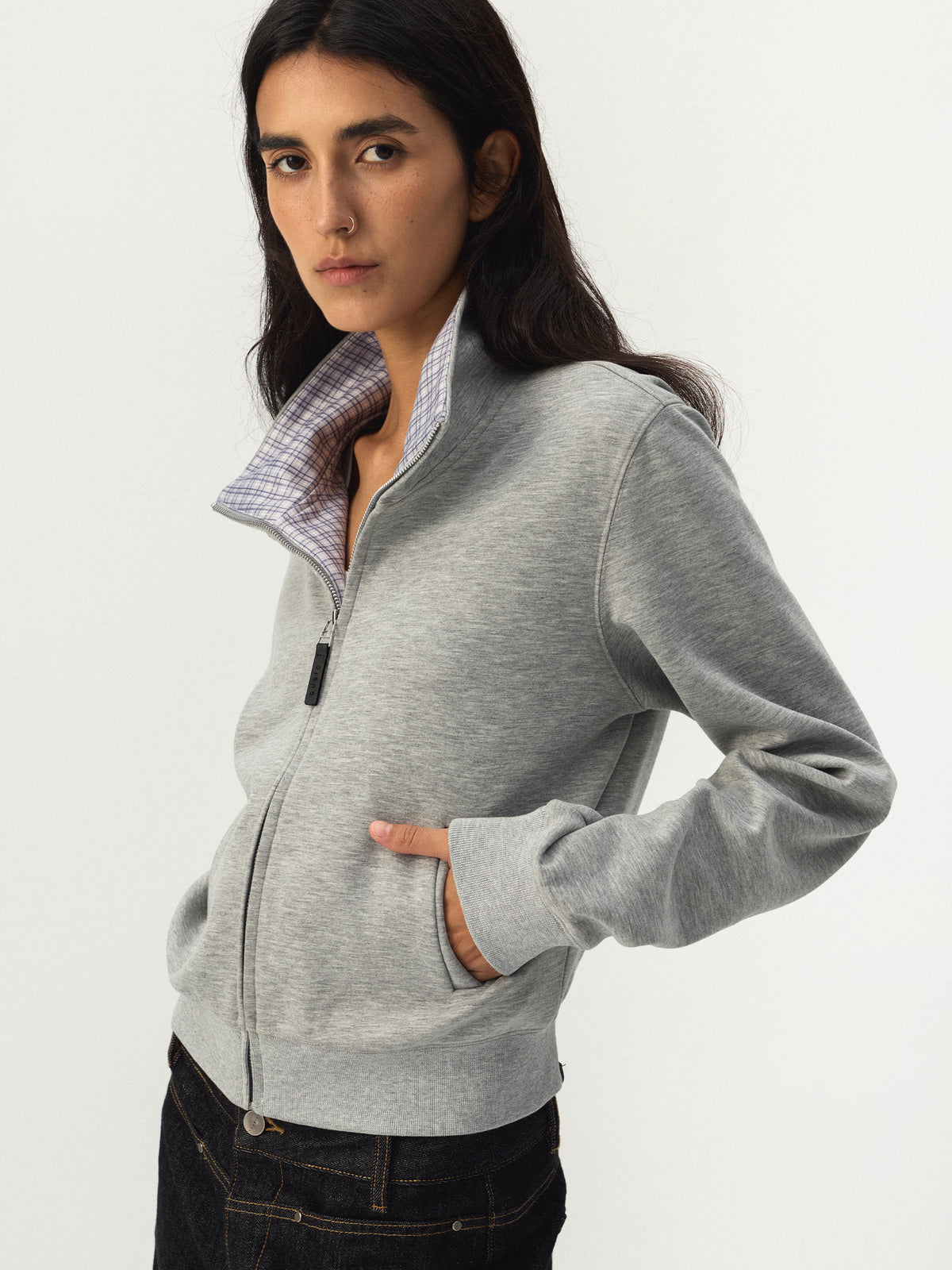 CUBIC Checked Collar Zip-Up Jacket-5