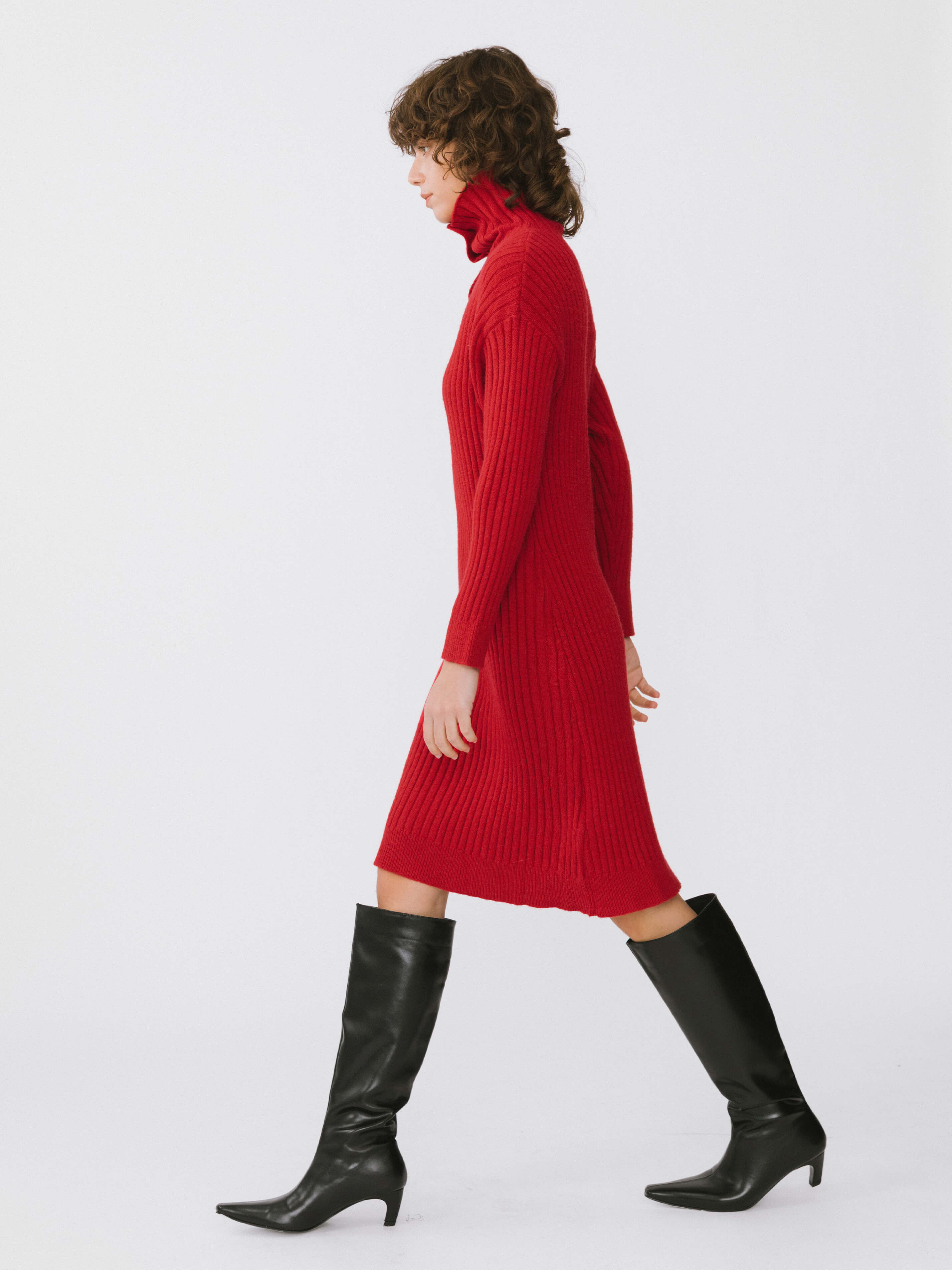 Large Lapel Red Knit Dress-5