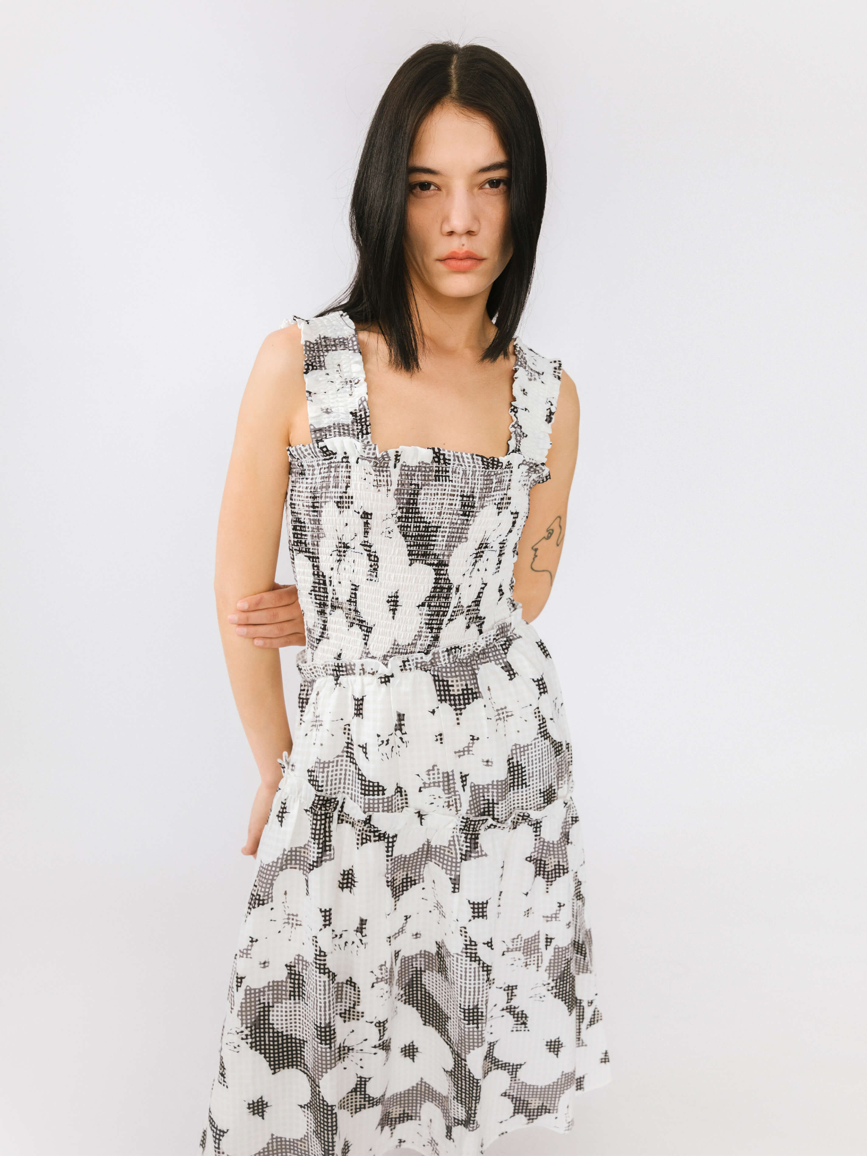 Plaid and Floral A-line Midi Dress-5