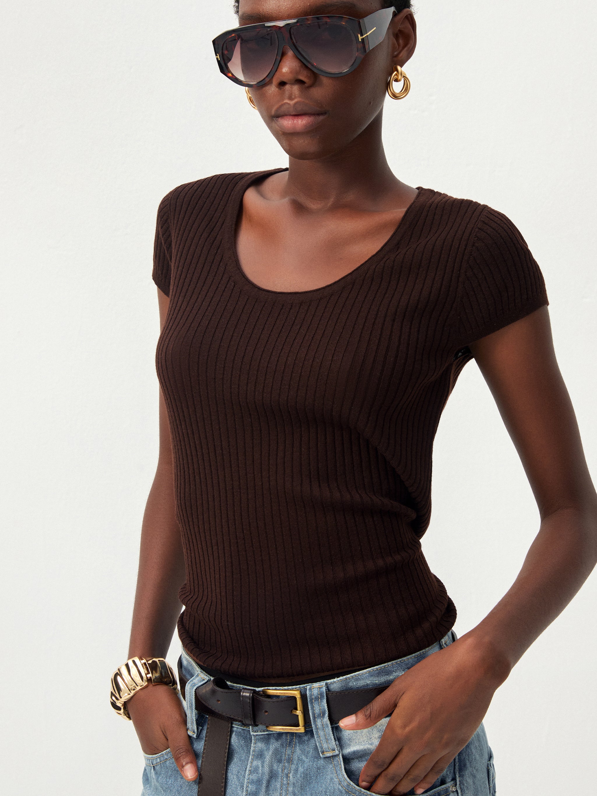 CUBIC Wool-Blend Ribbed Scoop Neck Knit Top-6