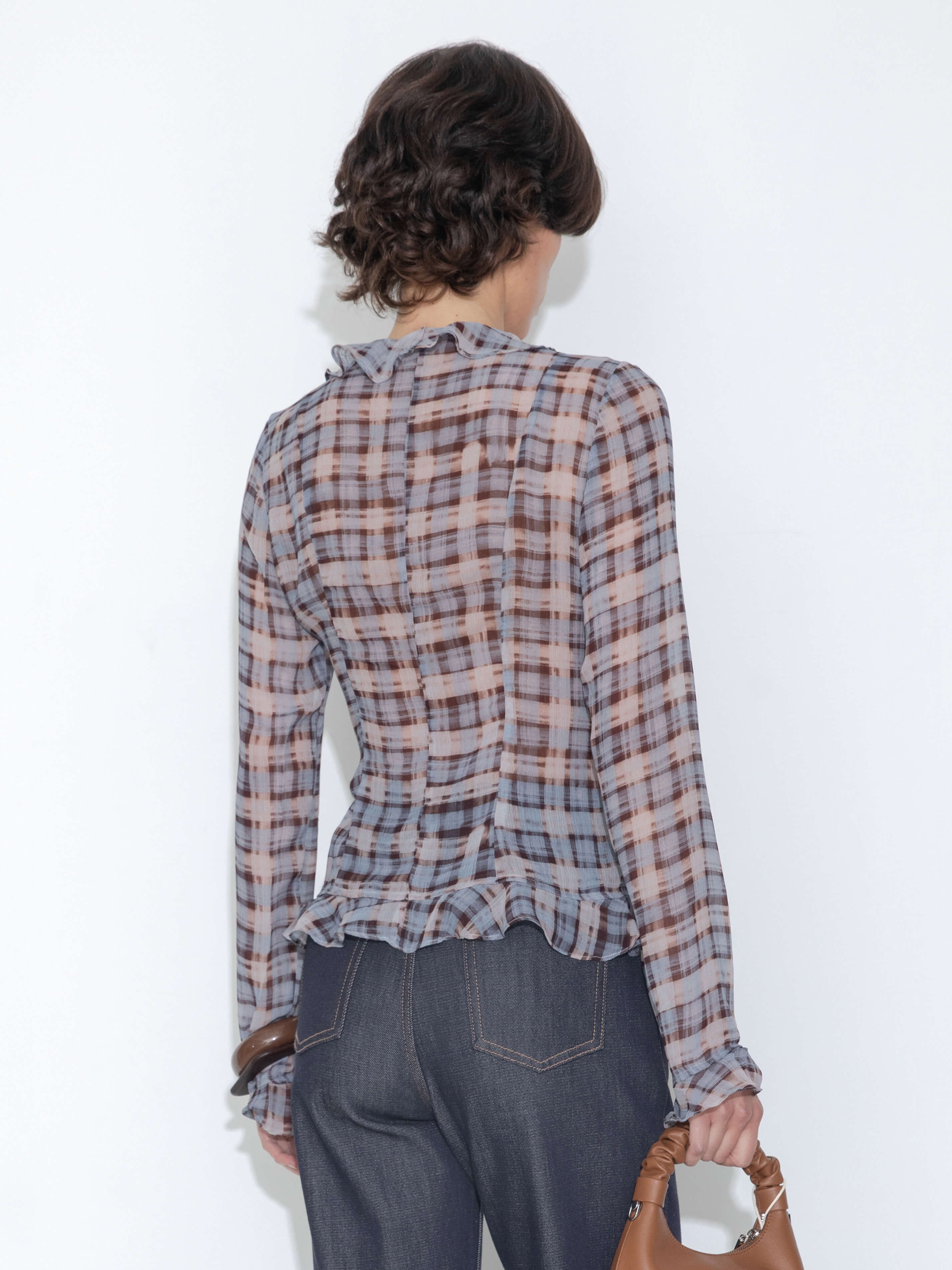 Semi-Sheer Ruffle Trim Check Shirt-4