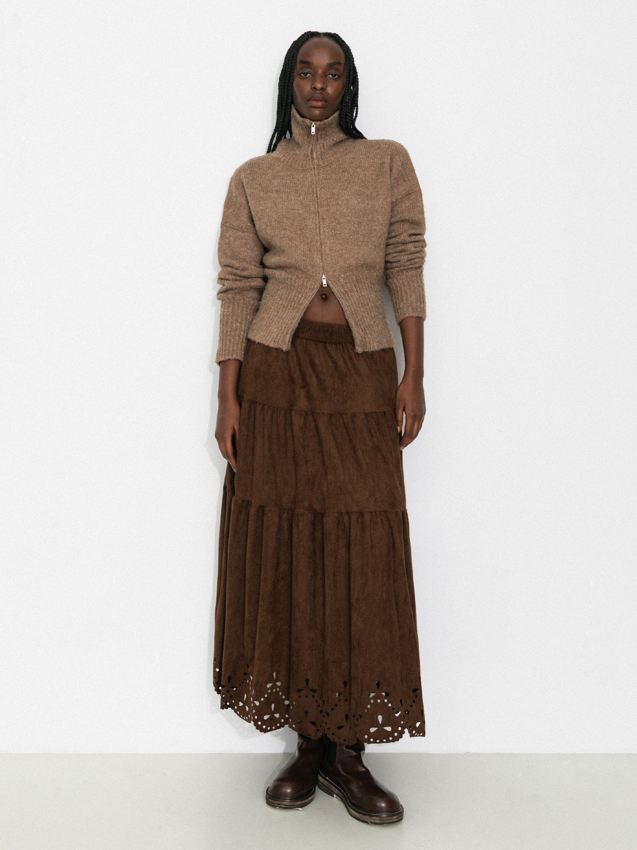 Vintage Boho Suede-Look A-Line Midi Skirt-6