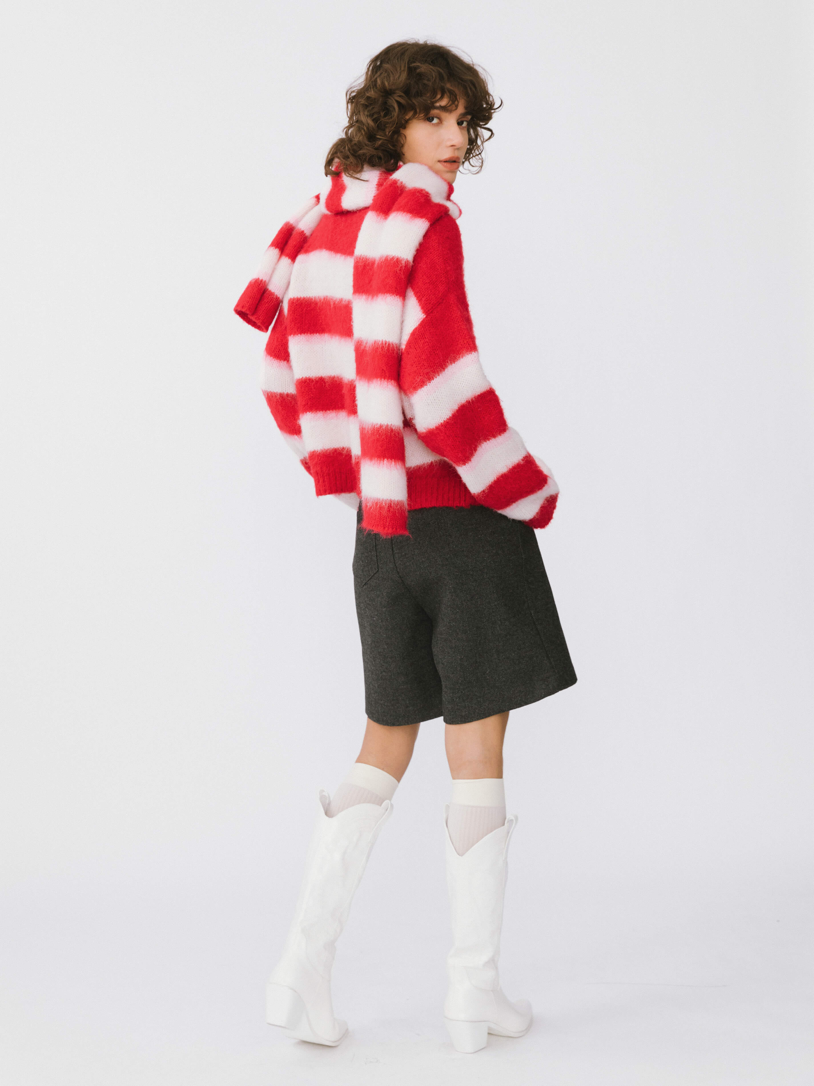 Striped Color Block Wool Knit Cardigan With Scarf-6
