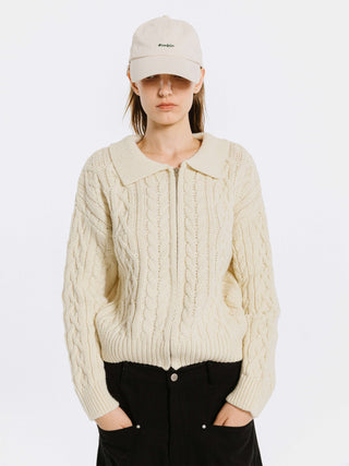 Lozenge and Cable Knit Zip Up Cardigan