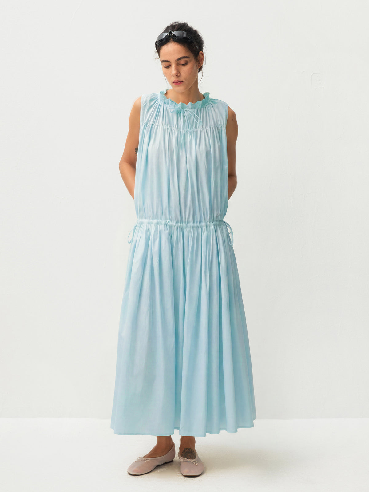 CUBIC 100% Cotton Sleeveless Gathered Maxi Dress-6