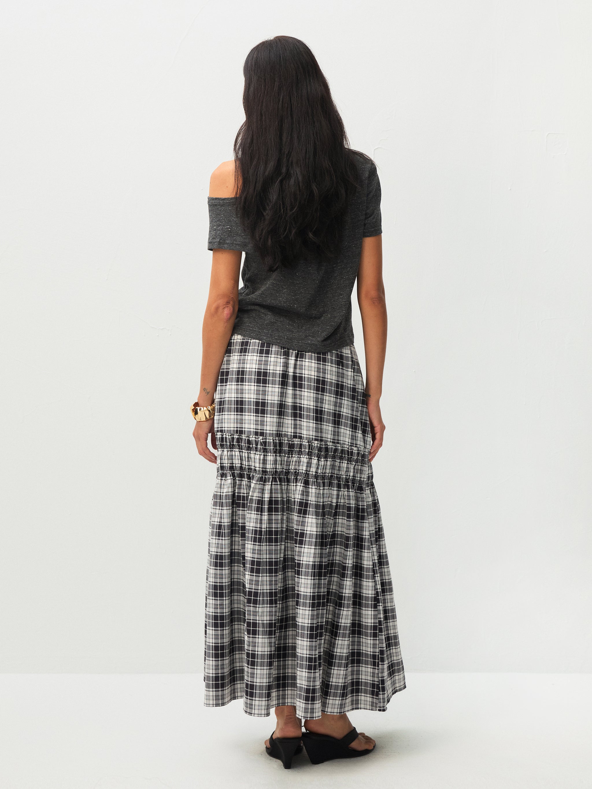 Elastic Drawstring High Waist Checked Skirt-4