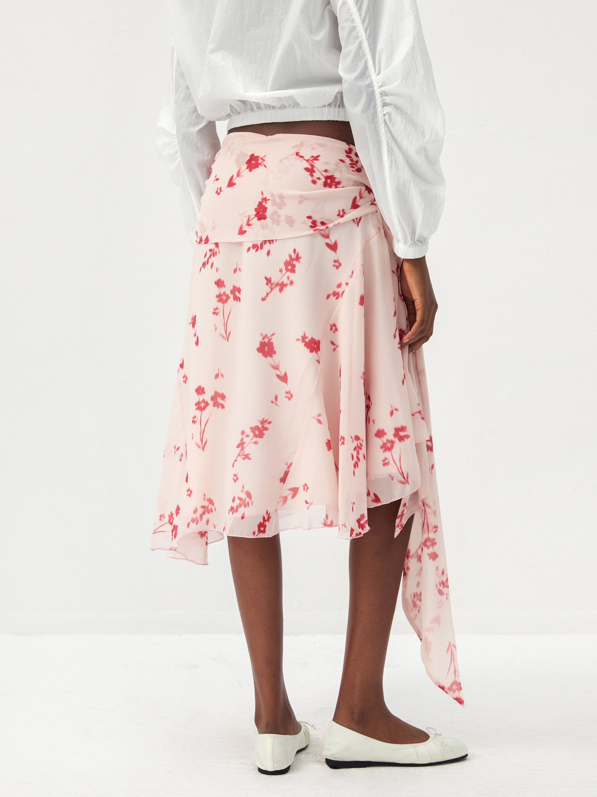 CUBIC Floral Print Asymmetrical Chiffon Midi Skirt-6