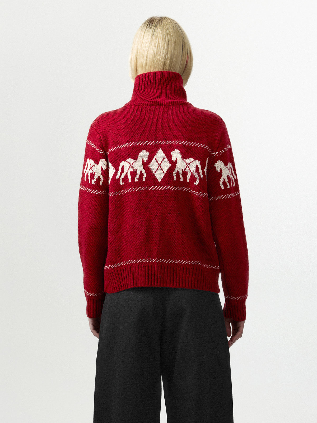 Horse Pattern Diamond Zip-Up Knit Cardigan-6