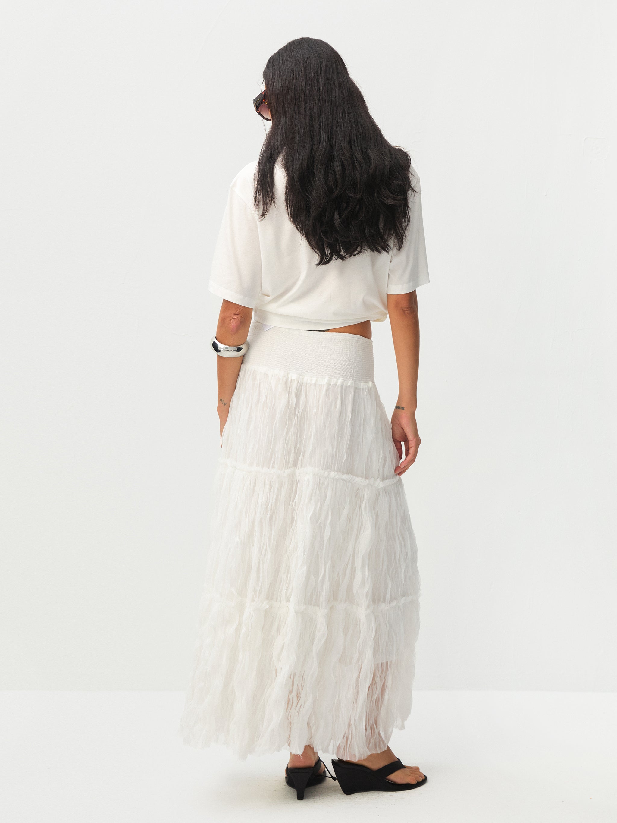 White Wavy Draped Midi Skirt-6