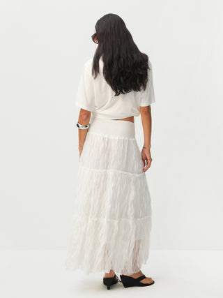 White Wavy Draped Midi Skirt