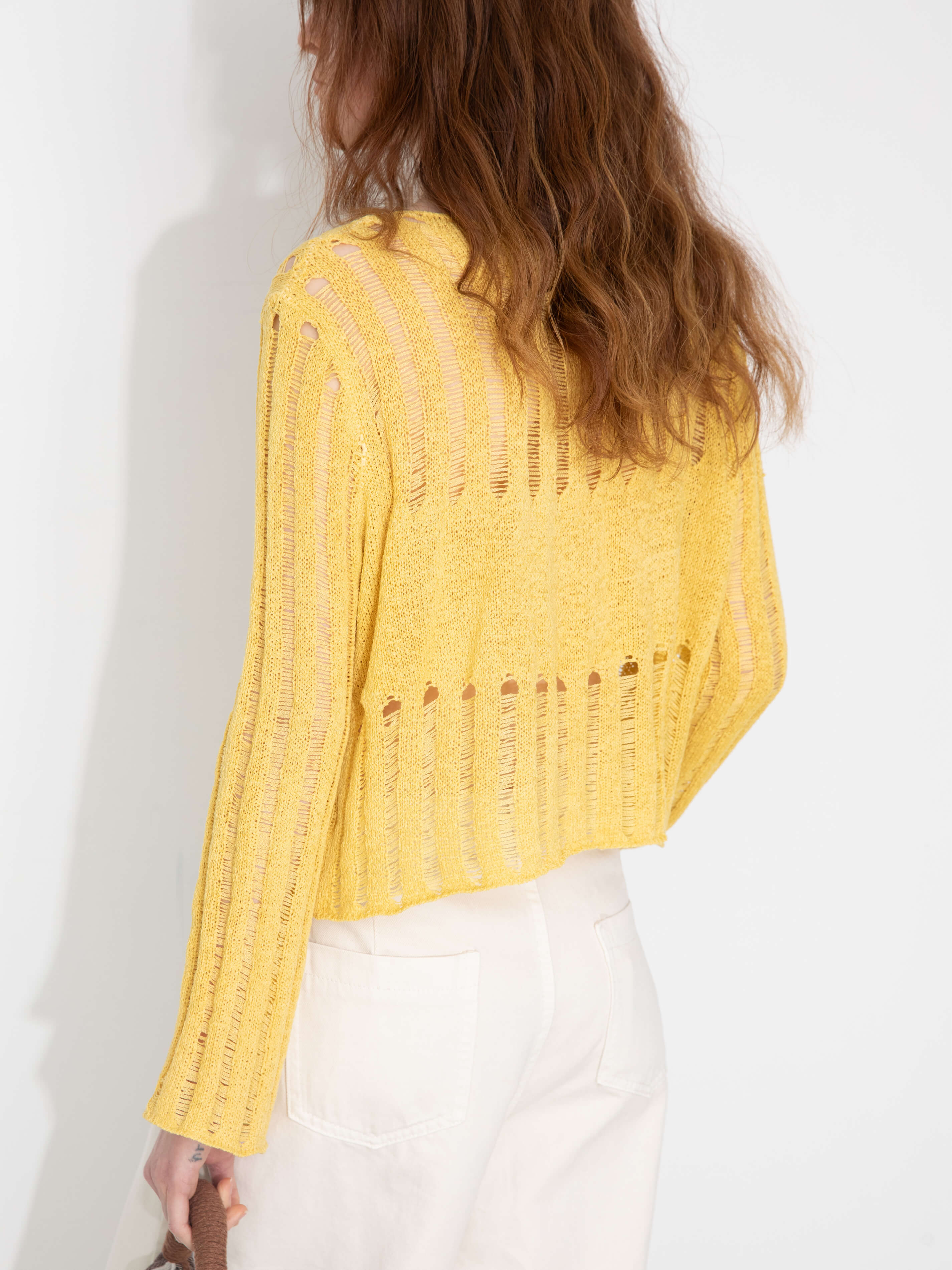 Beaded Hollow-Out Knit Top with Flare Sleeves-7