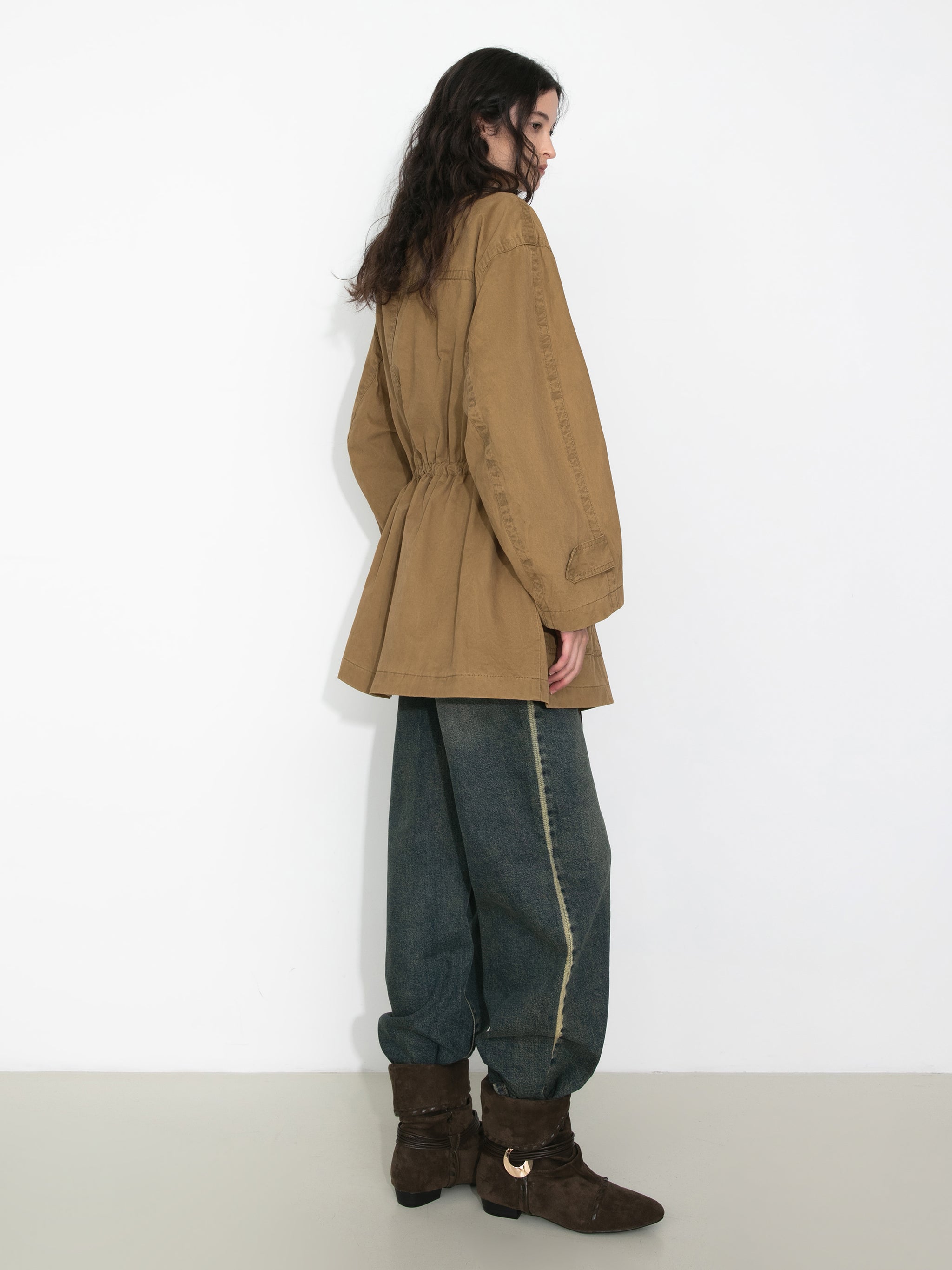 Drawstring Crewneck Mid-Length Trench Coat-6
