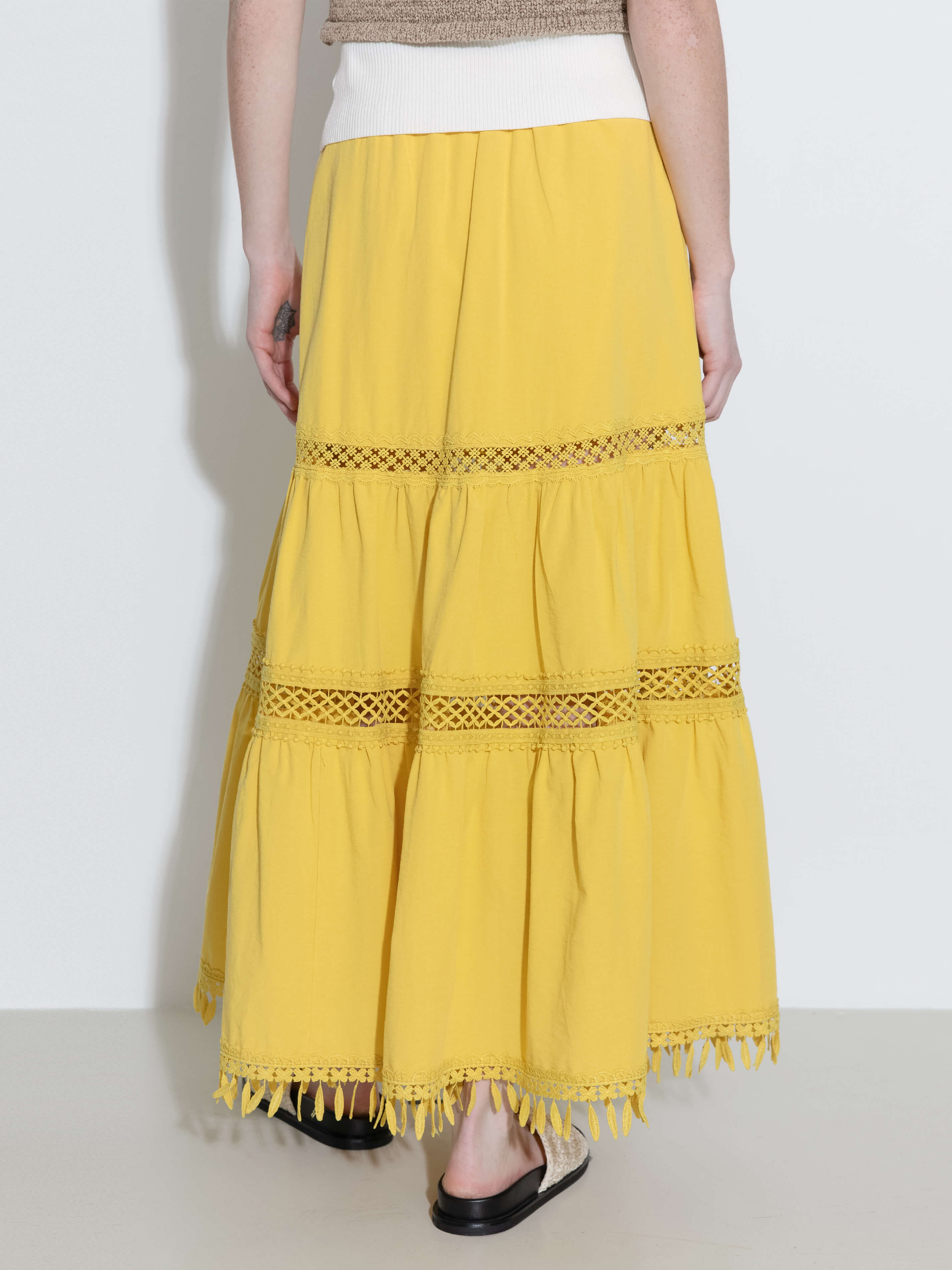 High-Waisted Hollow Out Tassel Trim Maxi Skirt-7