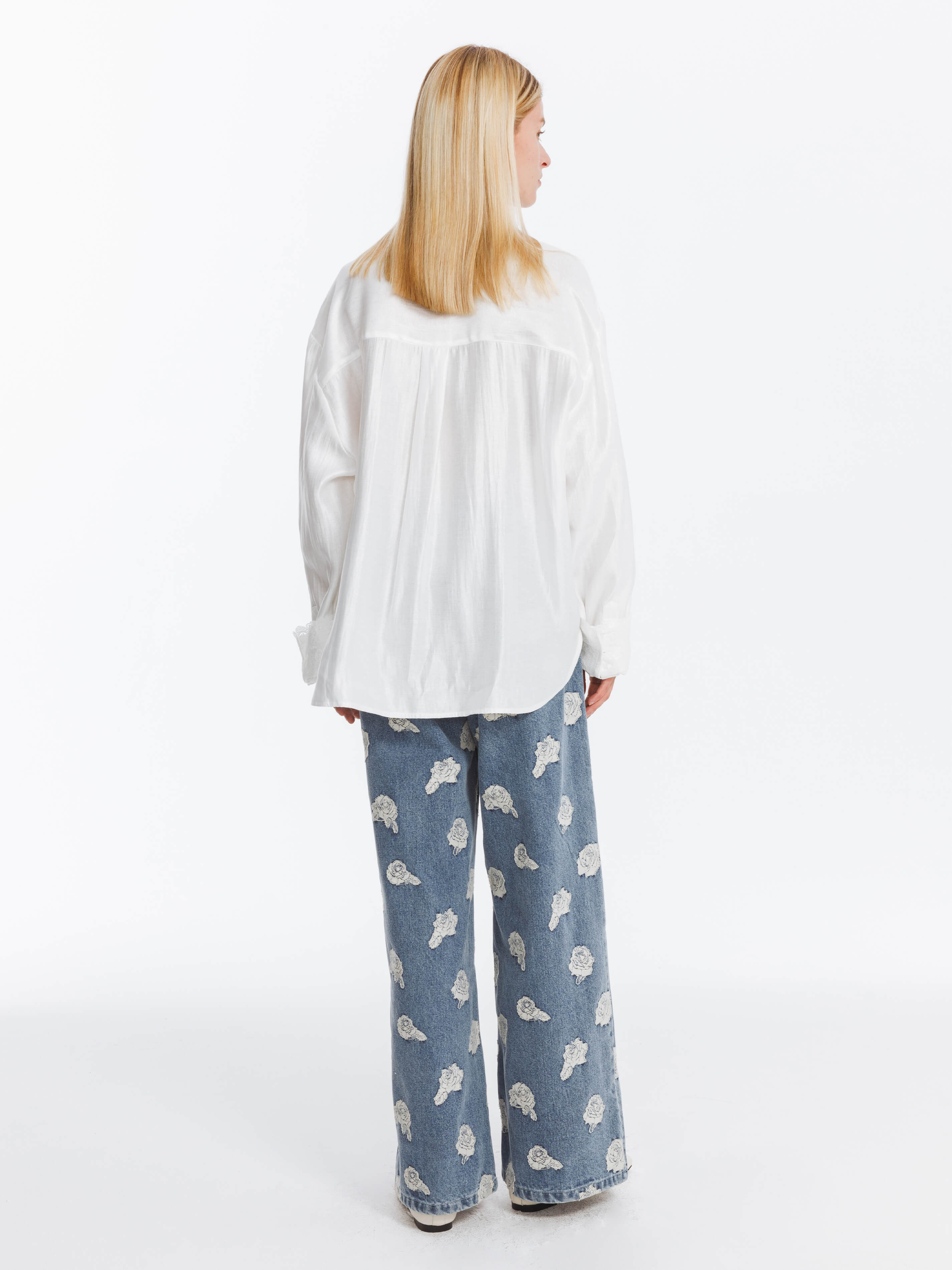 Retro Rose Print Washed Straight Leg Jeans-6