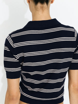 Striped Cropped Polo Collar Cotton T-Shirt
