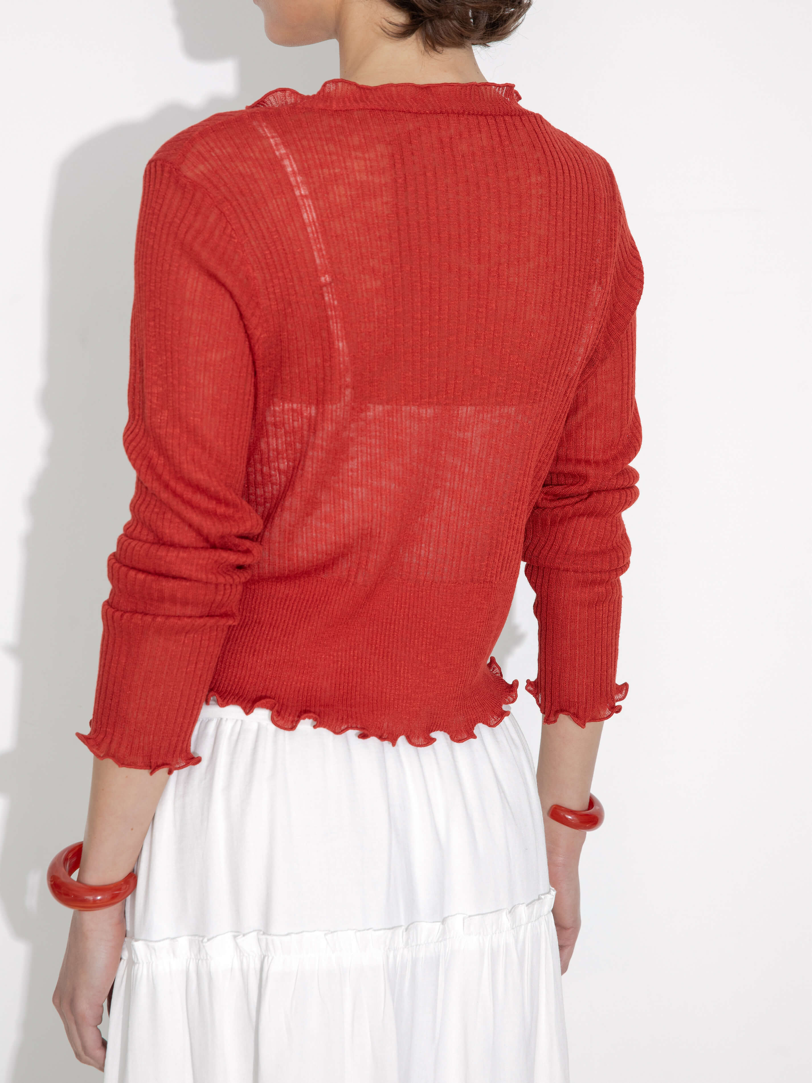 V-Neck Knit Cardigan with Ruffled Long Sleeves-6
