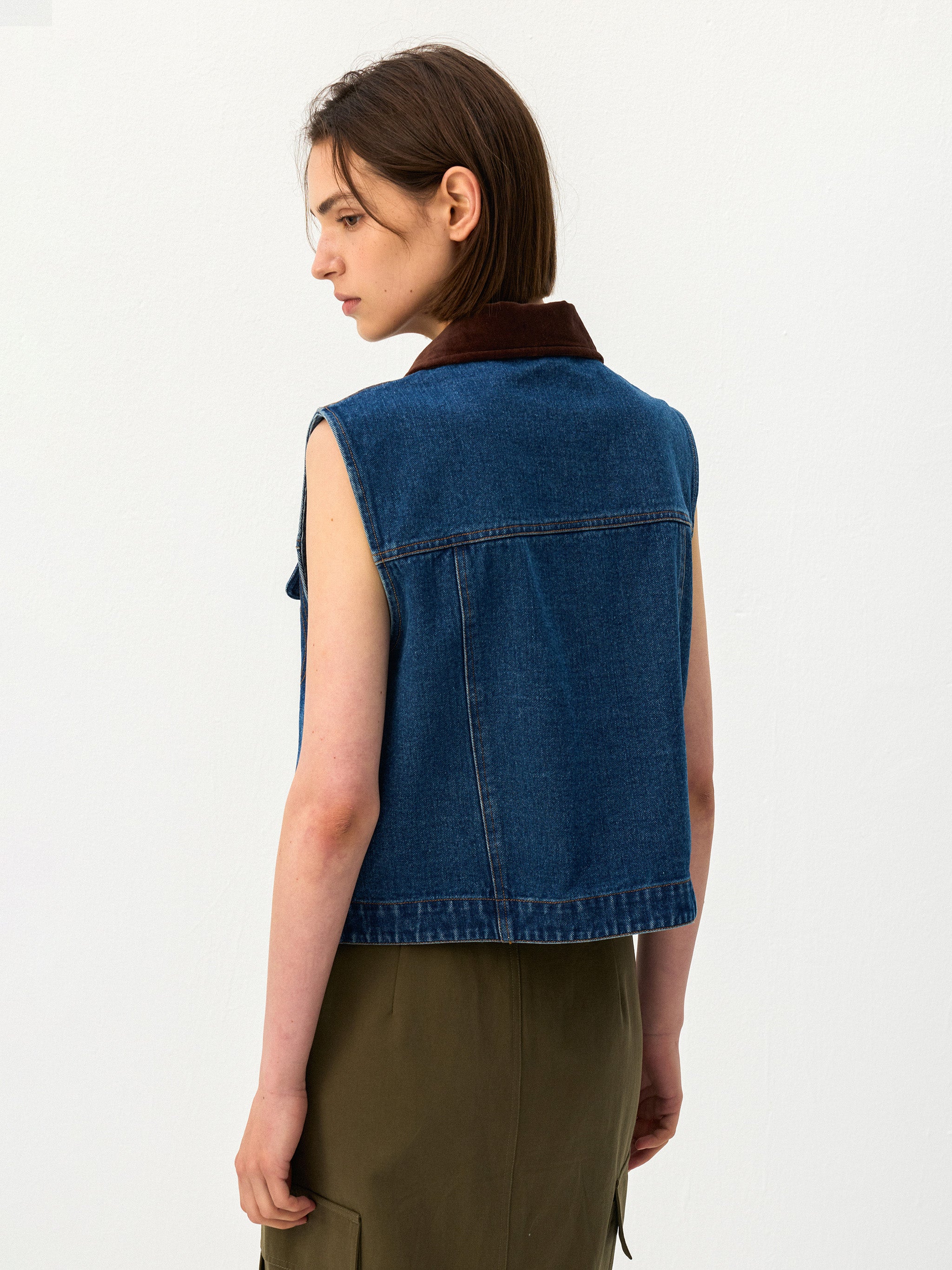 CUBIC Contrast Collar Vintage Denim Vest-6