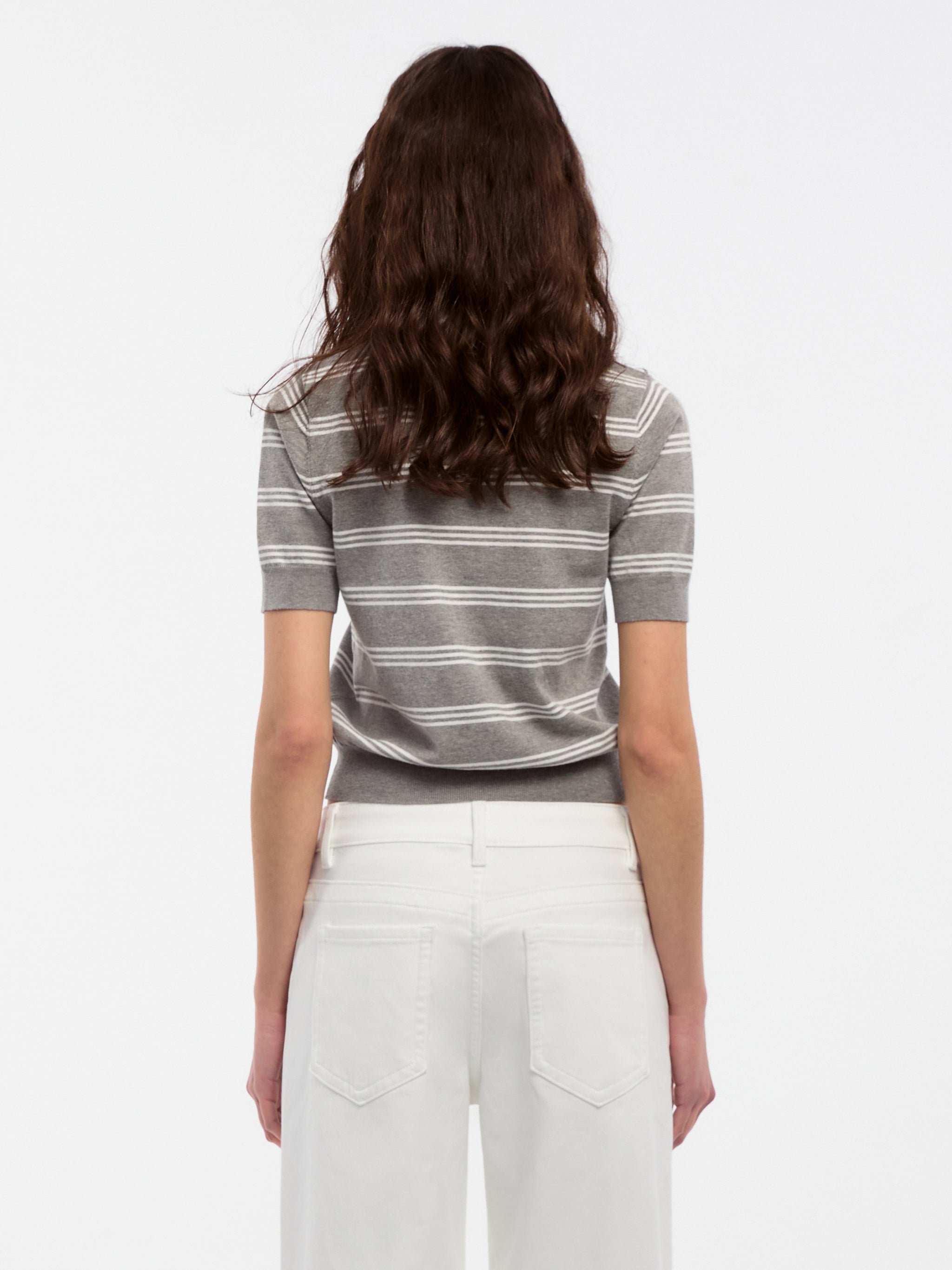 CUBIC-Striped Cropped Polo Collar Cotton T-Shirt-6