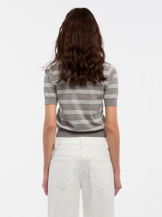 CUBIC-Striped Cropped Polo Collar Cotton T-Shirt