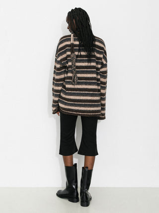 Retro Striped Pullover Sweater with Scarf