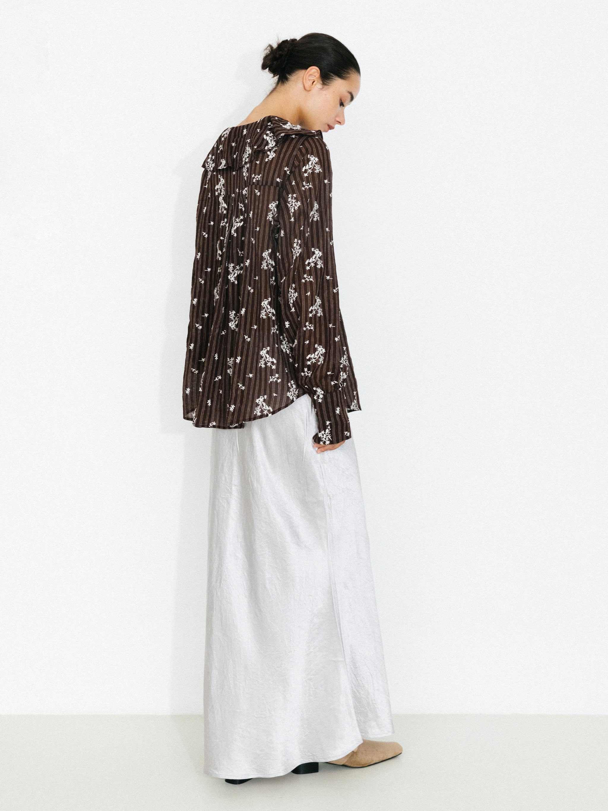 Striped Floral Ruffle Collar Cotton Shirt-6