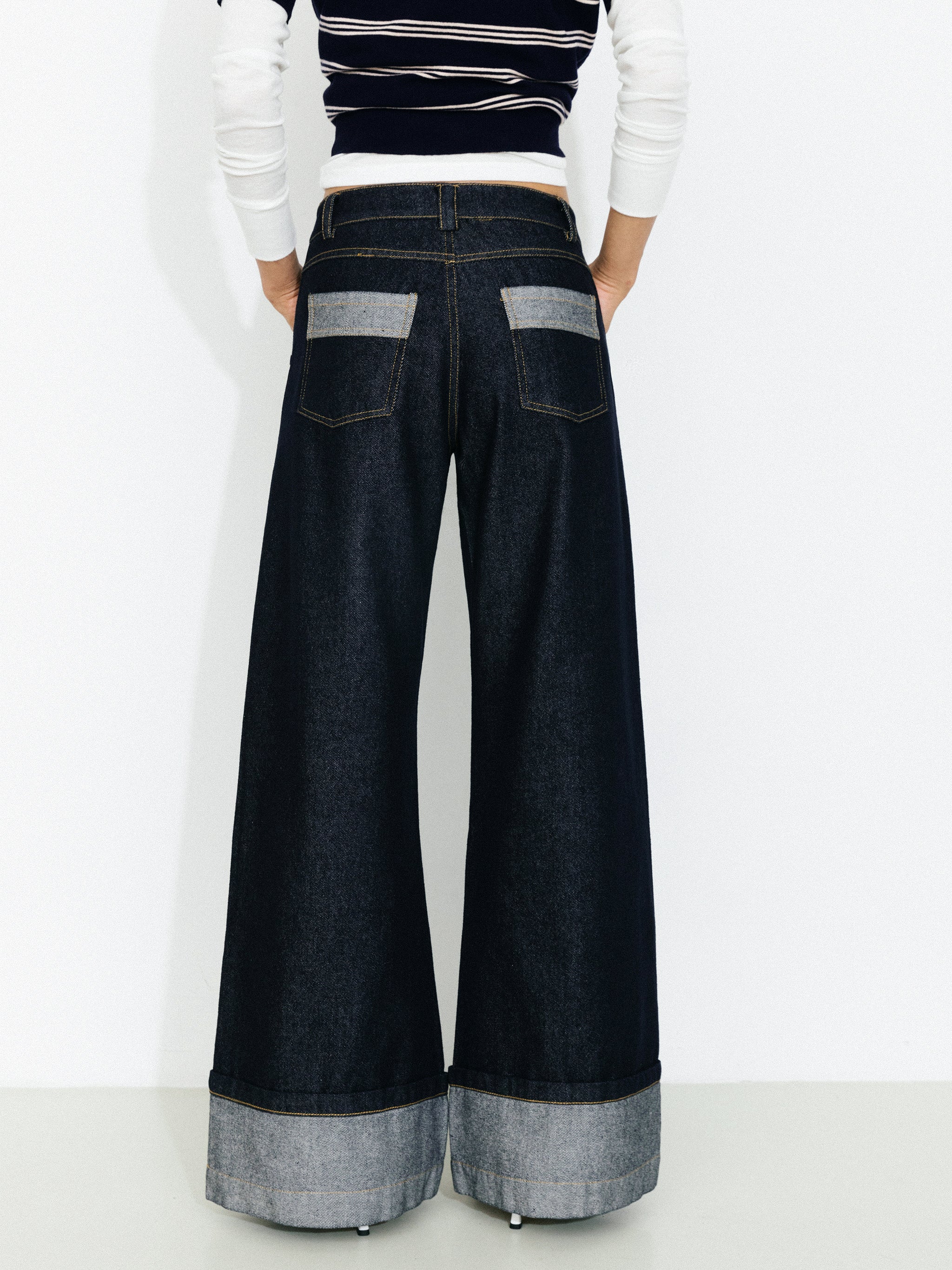 Wide-Leg Slight Flare Cuffed Jeans-6