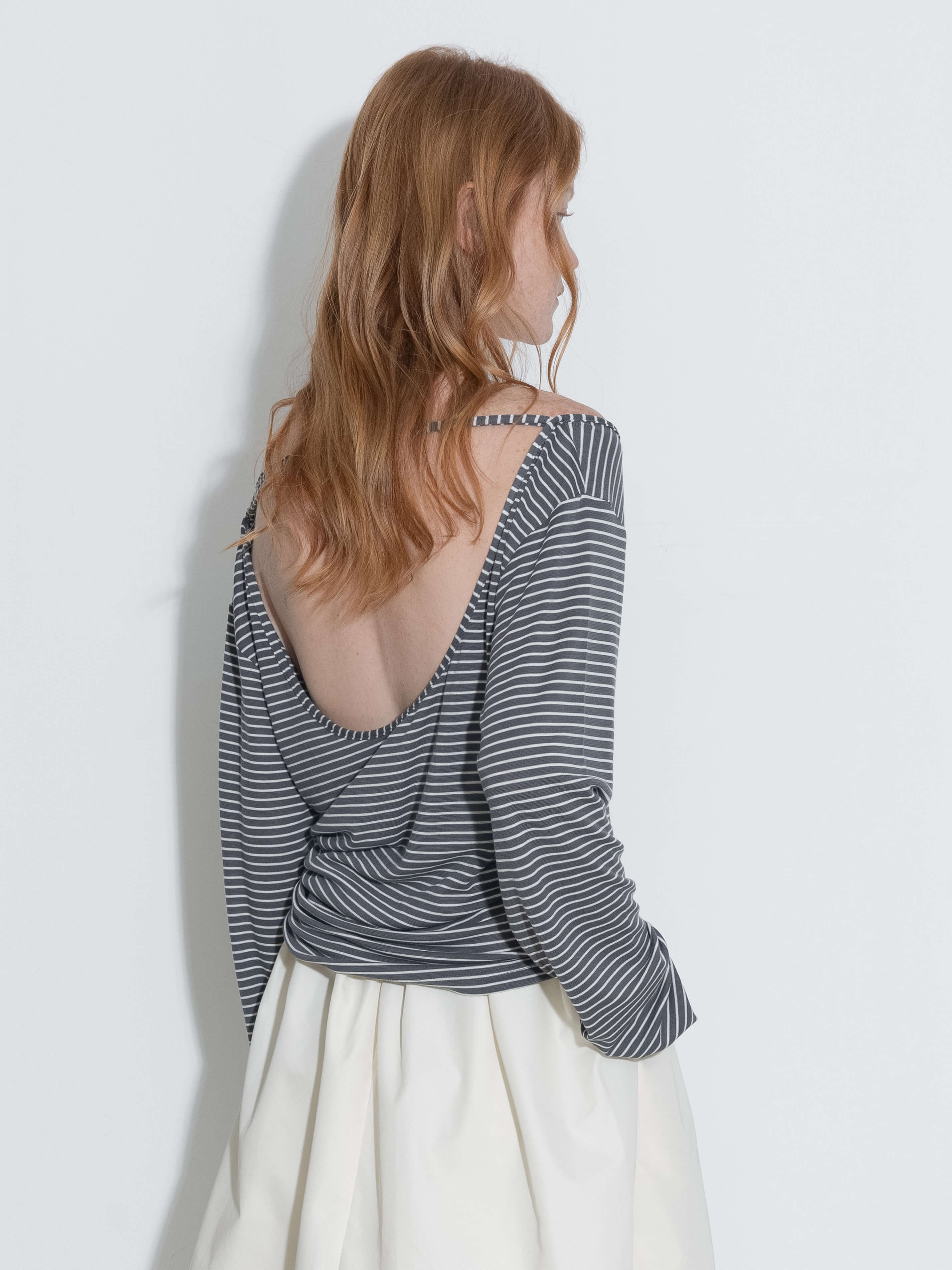 Adjustable Collar Oversized Stripe Long Sleeve Top-14