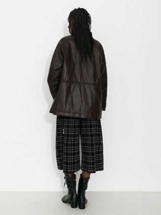 Two-Way Collar Boxy Leather Down Jacket