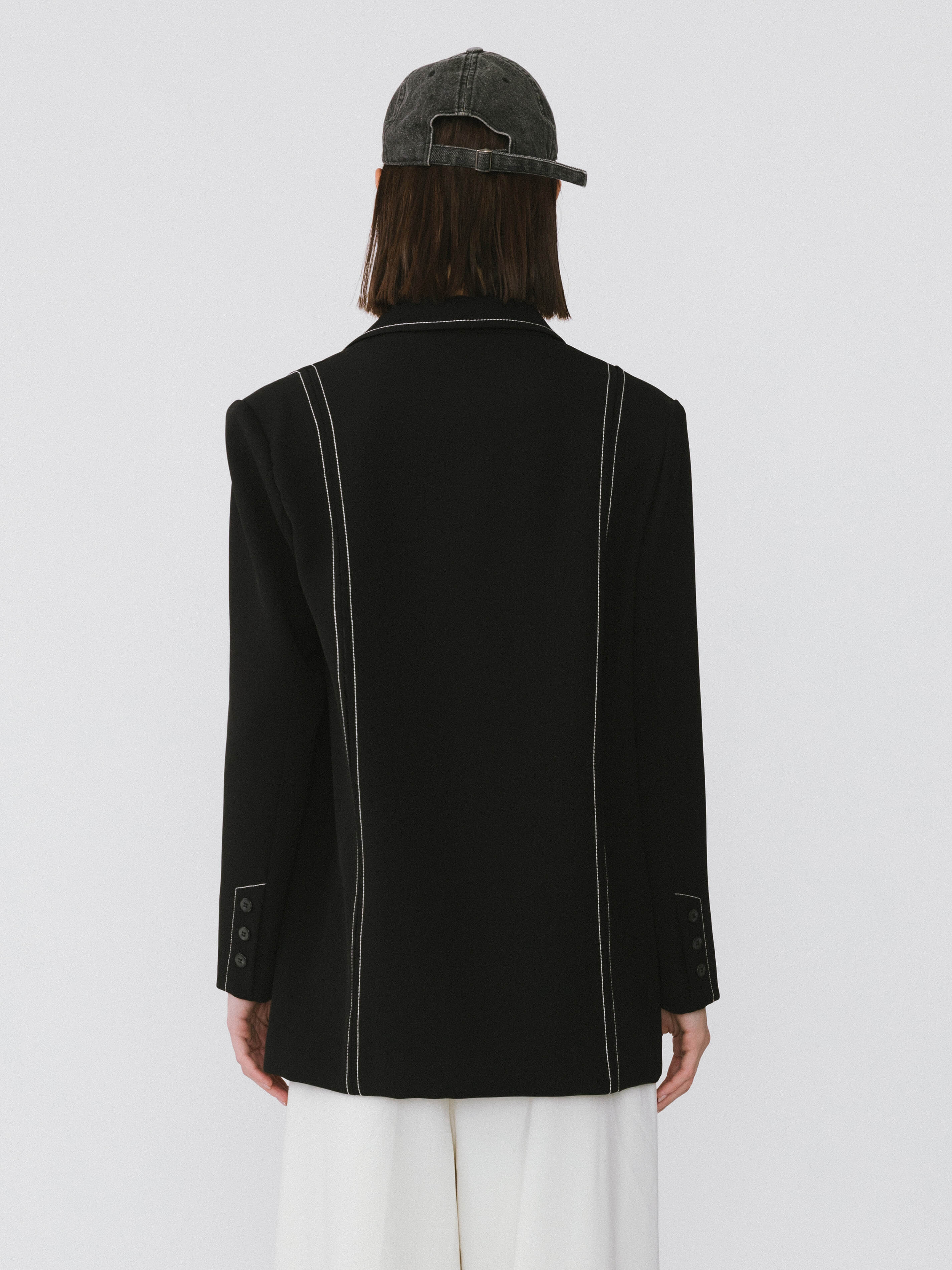 Single Breasted Contrast Topstitch Long Blazer-6