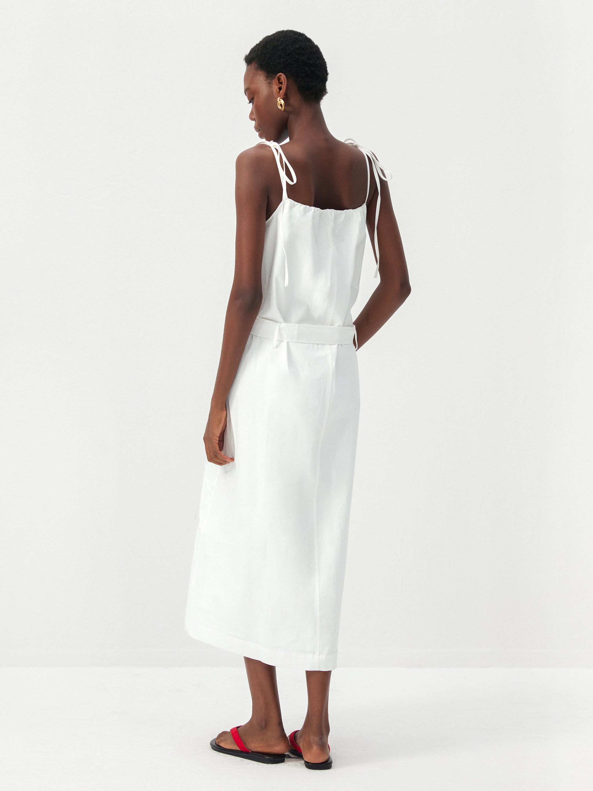 CUBIC Cotton-Linen Blend Tie-Shoulder Belted Midi Dress-6