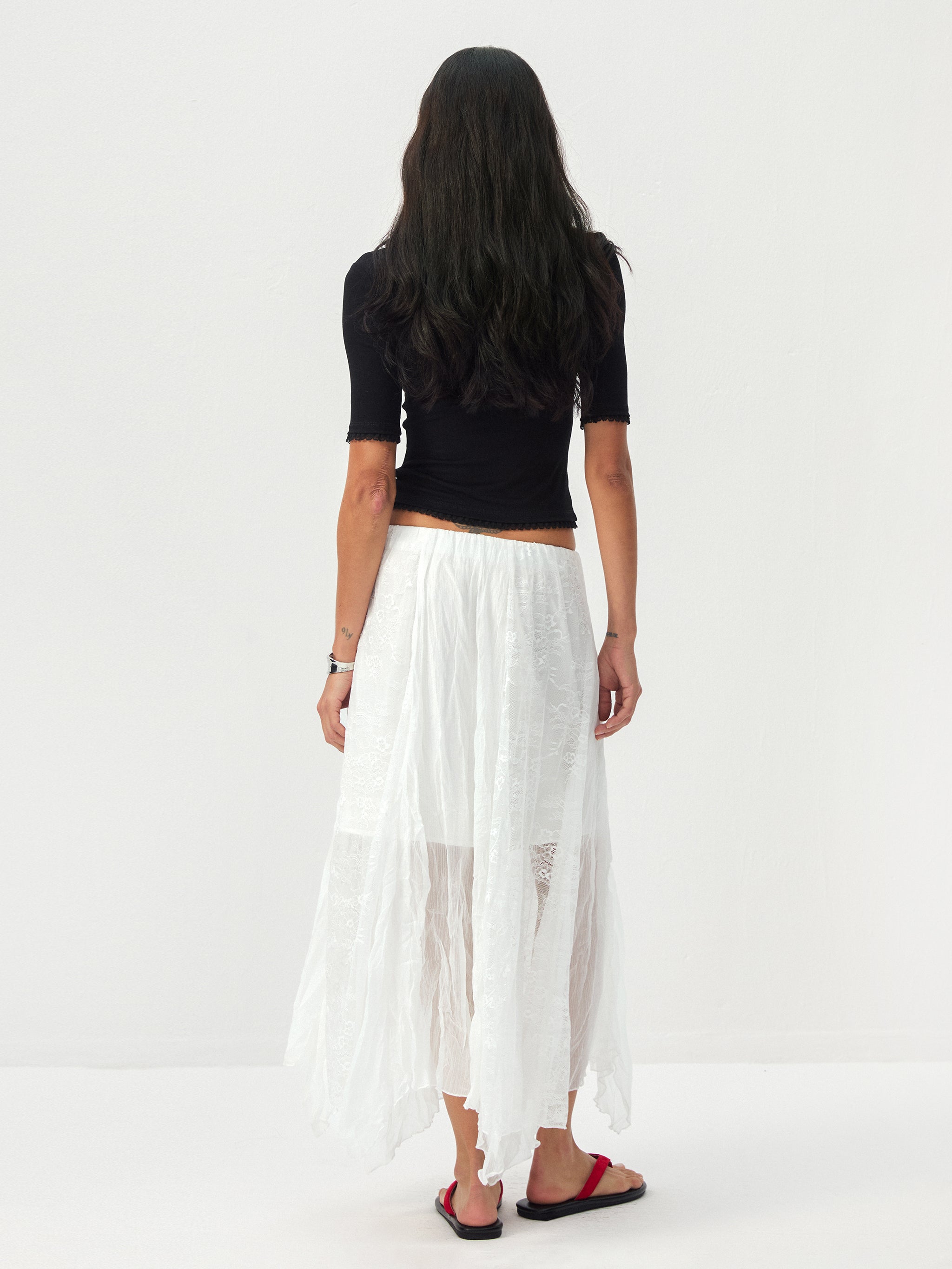 CUBIC Lace-Overlay Asymmetrical Sheer Midi Skirt-6