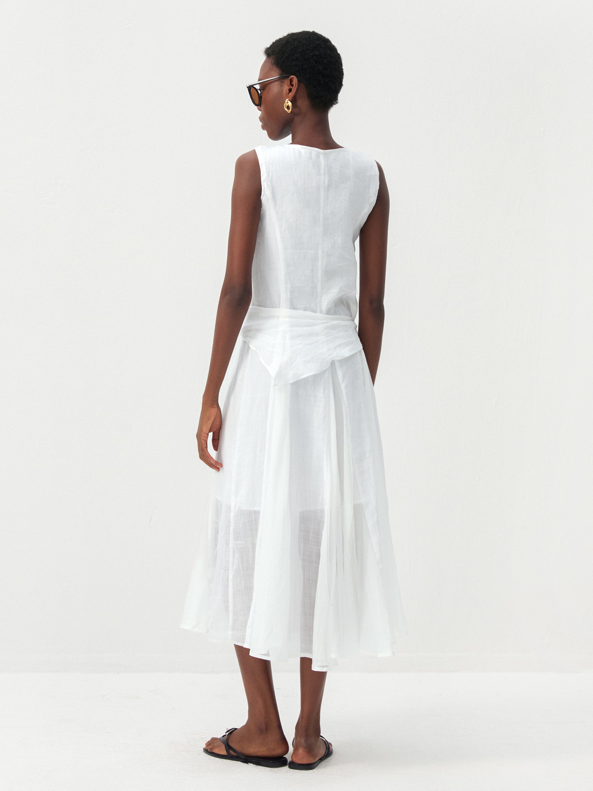 CUBIC Ramie & Chiffon Two-Piece Belted Midi Dress-6
