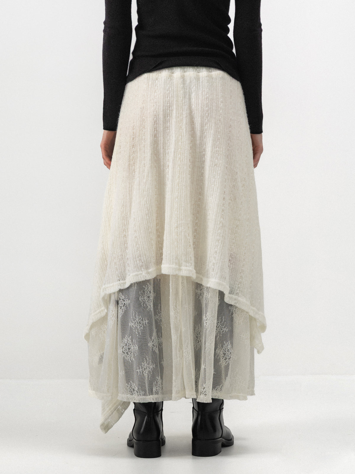 CUBIC Asymmetric Layered Wool Blend Lace Skirt-6