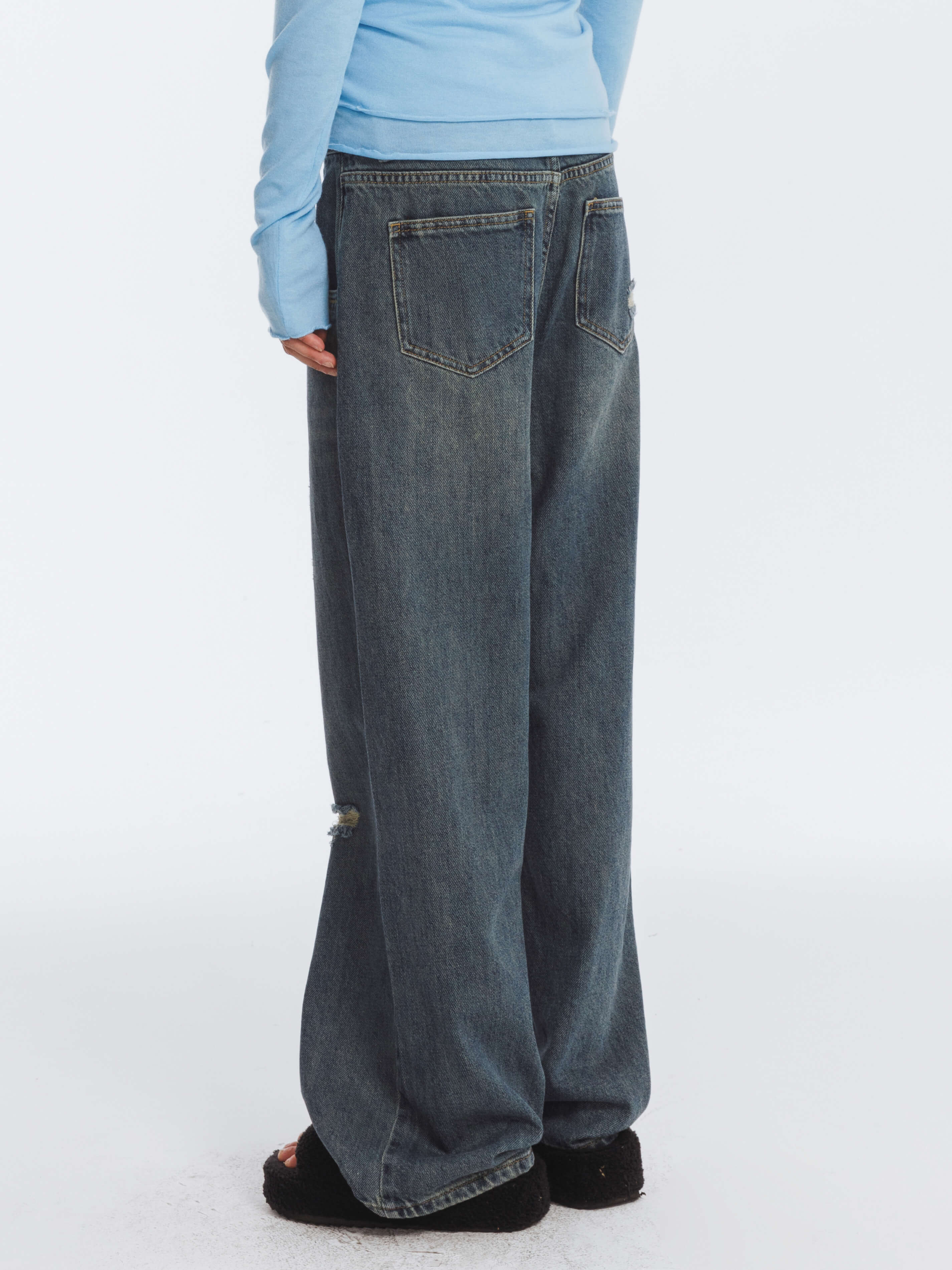 Hole Washed Straight Jeans-6