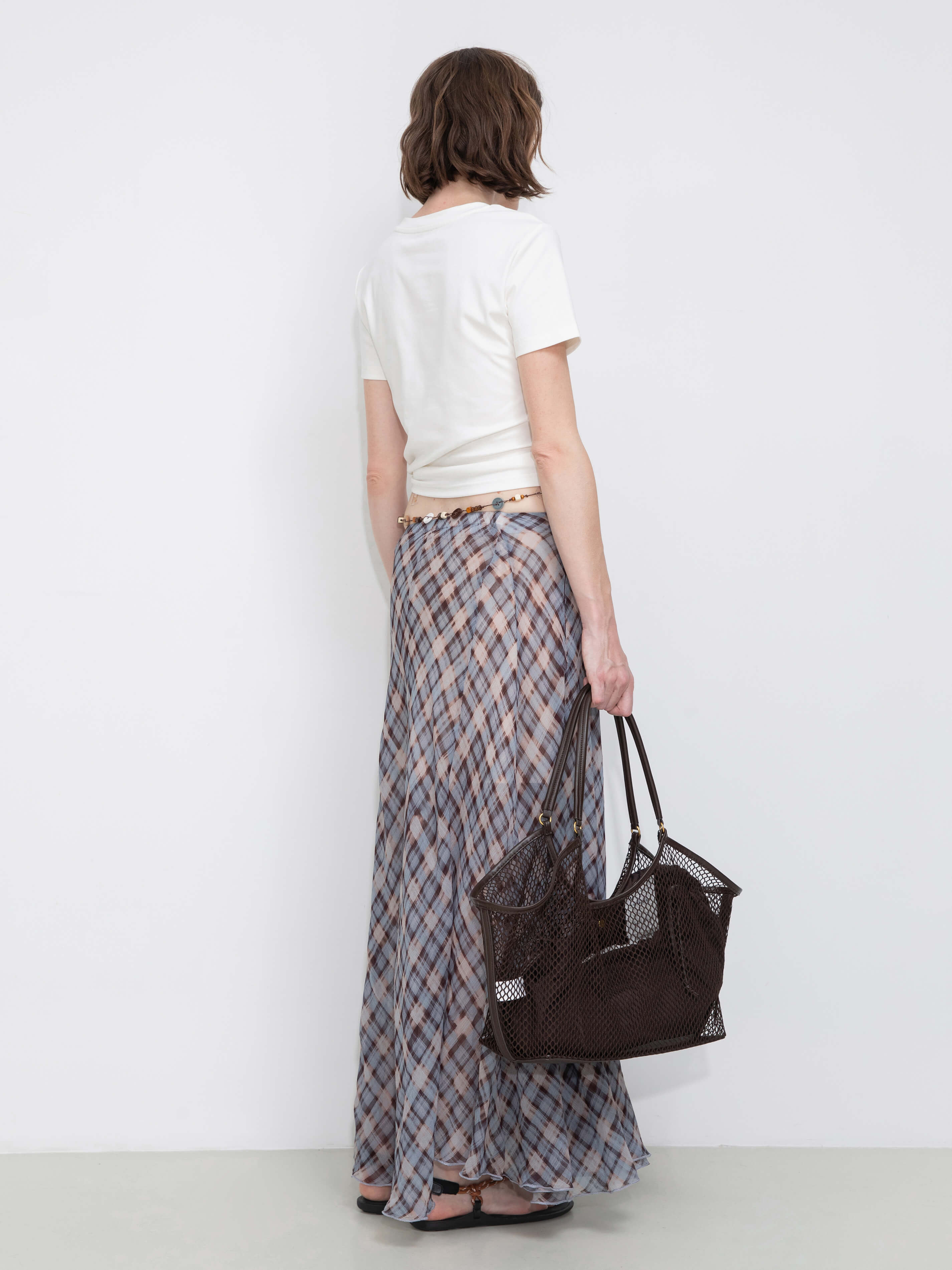 Asymmetrical Flowy Check Maxi Skirt-Blue-5