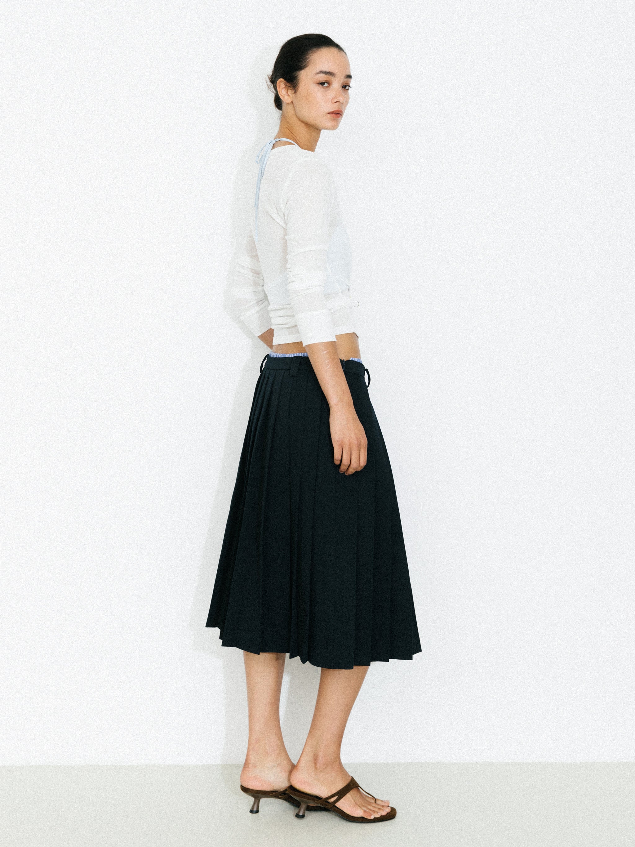 Double Waistband Contrast Pleated Skirt-6