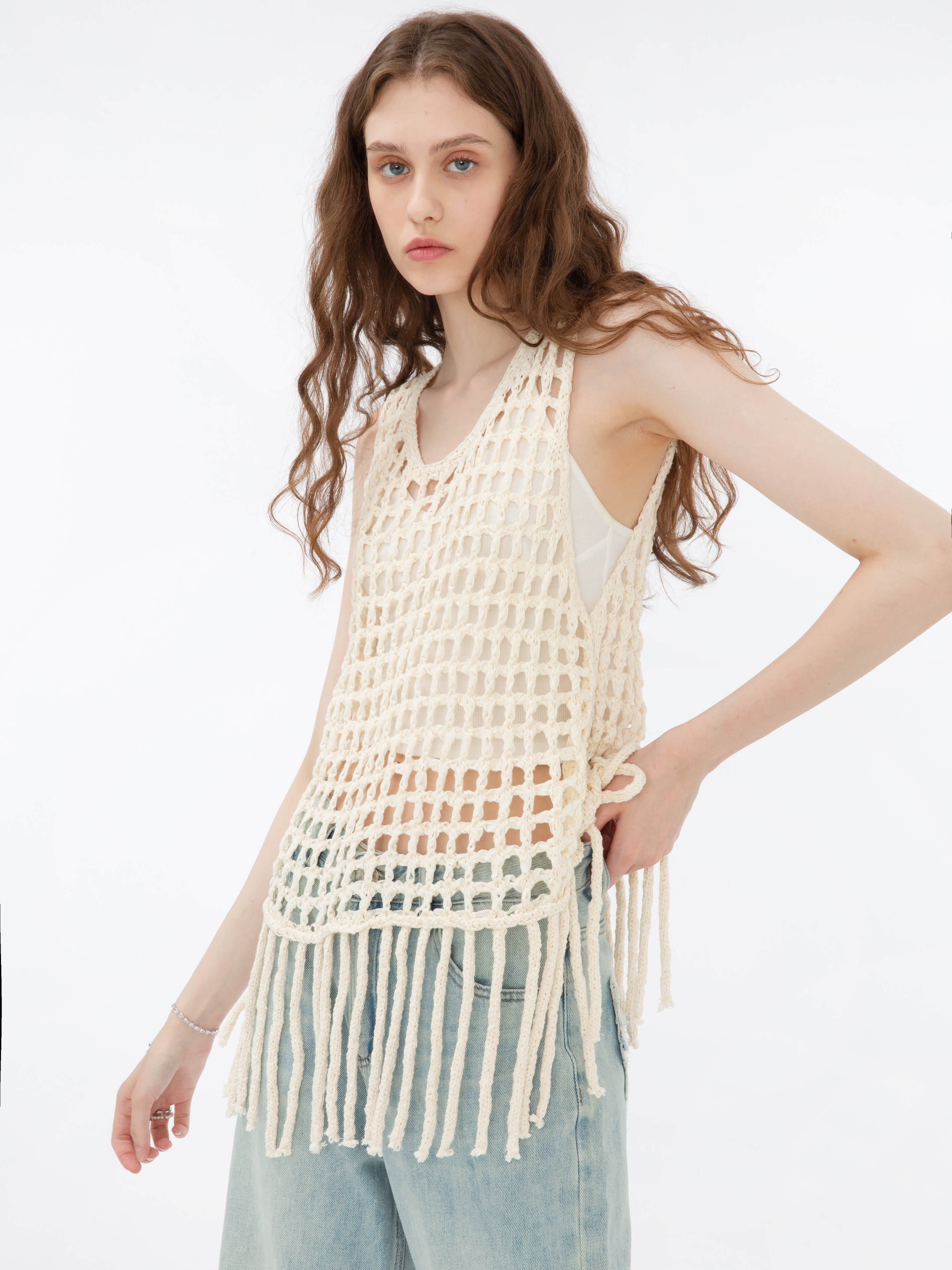 Fringed Open Knit Vest-2