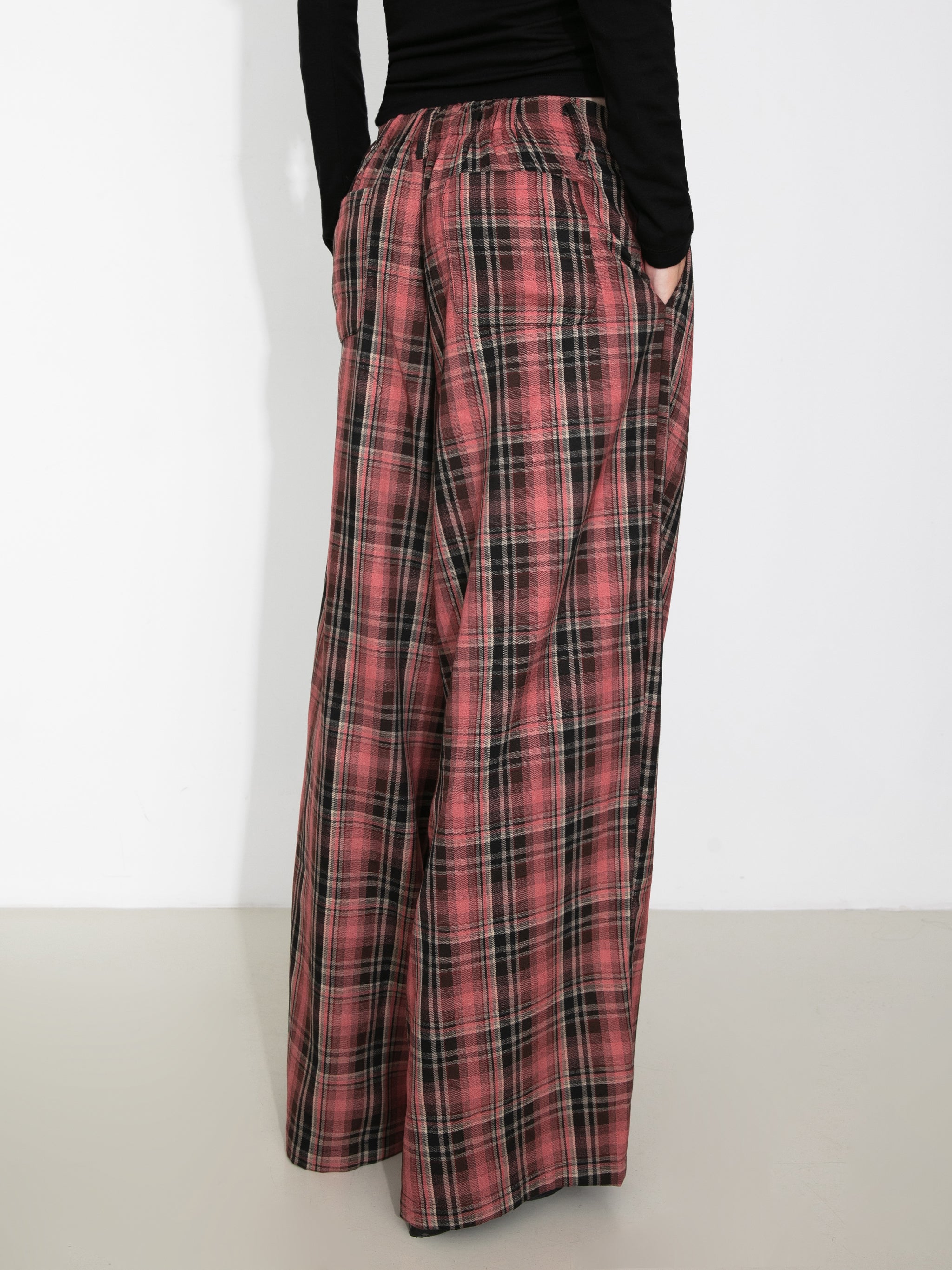 Striped Check Wide-Leg Draped Floor-Length Trousers-6