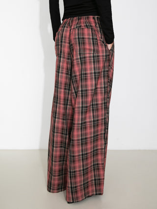 Striped Check Wide-Leg Draped Floor-Length Trousers