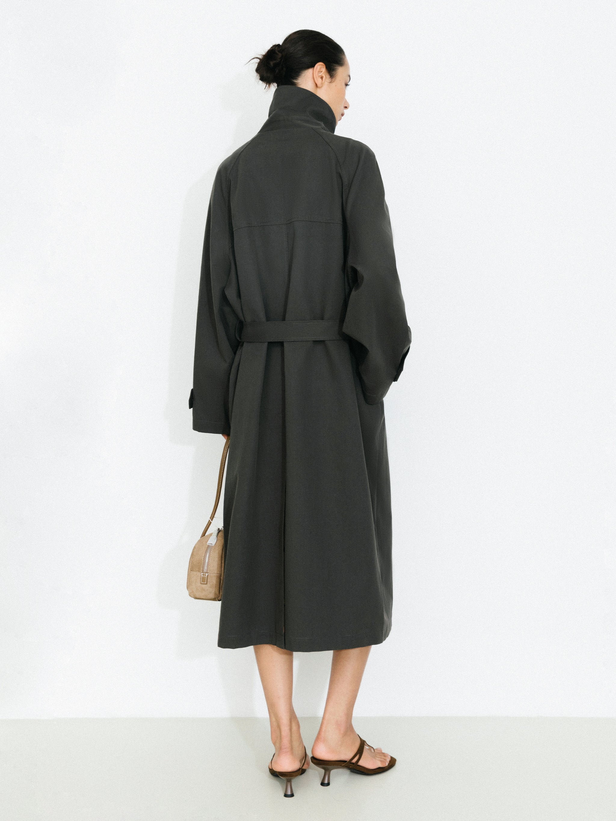 Stand Collar Longline Tie-Waist Trench Coat-6