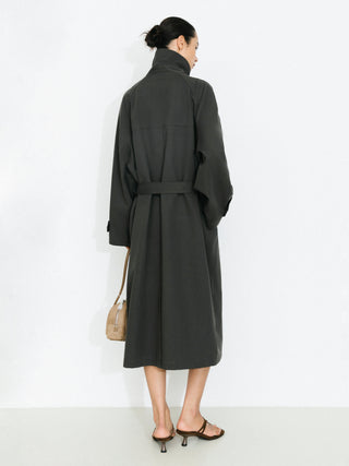 Stand Collar Longline Tie-Waist Trench Coat
