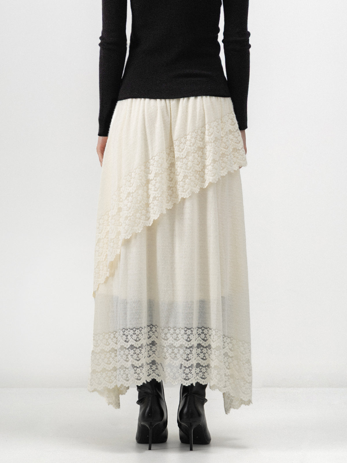 CUBIC Asymmetric Lace Knit Midi Skirt-6