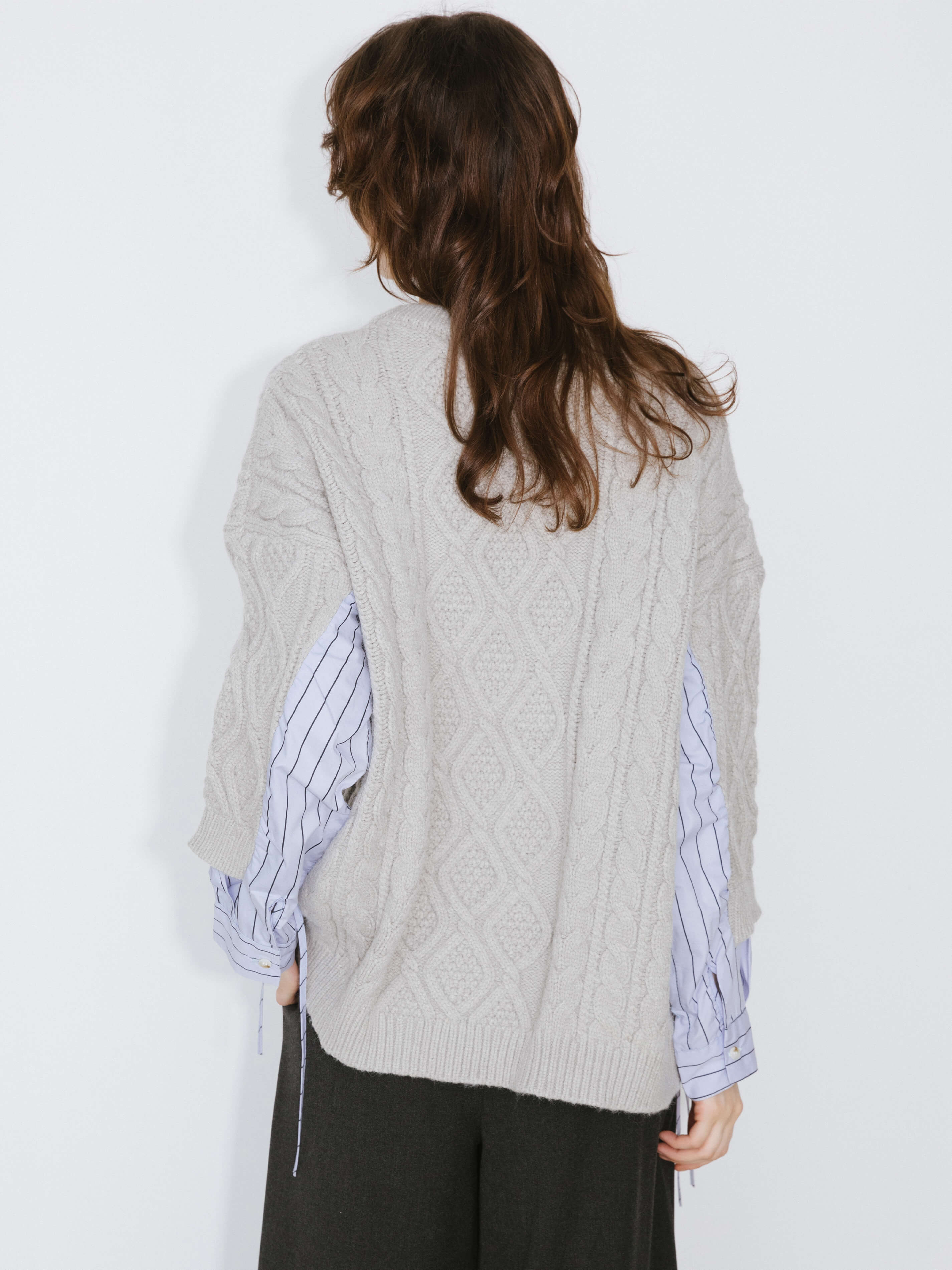 Cable Knit Jumper With Shirting Sleeves-7