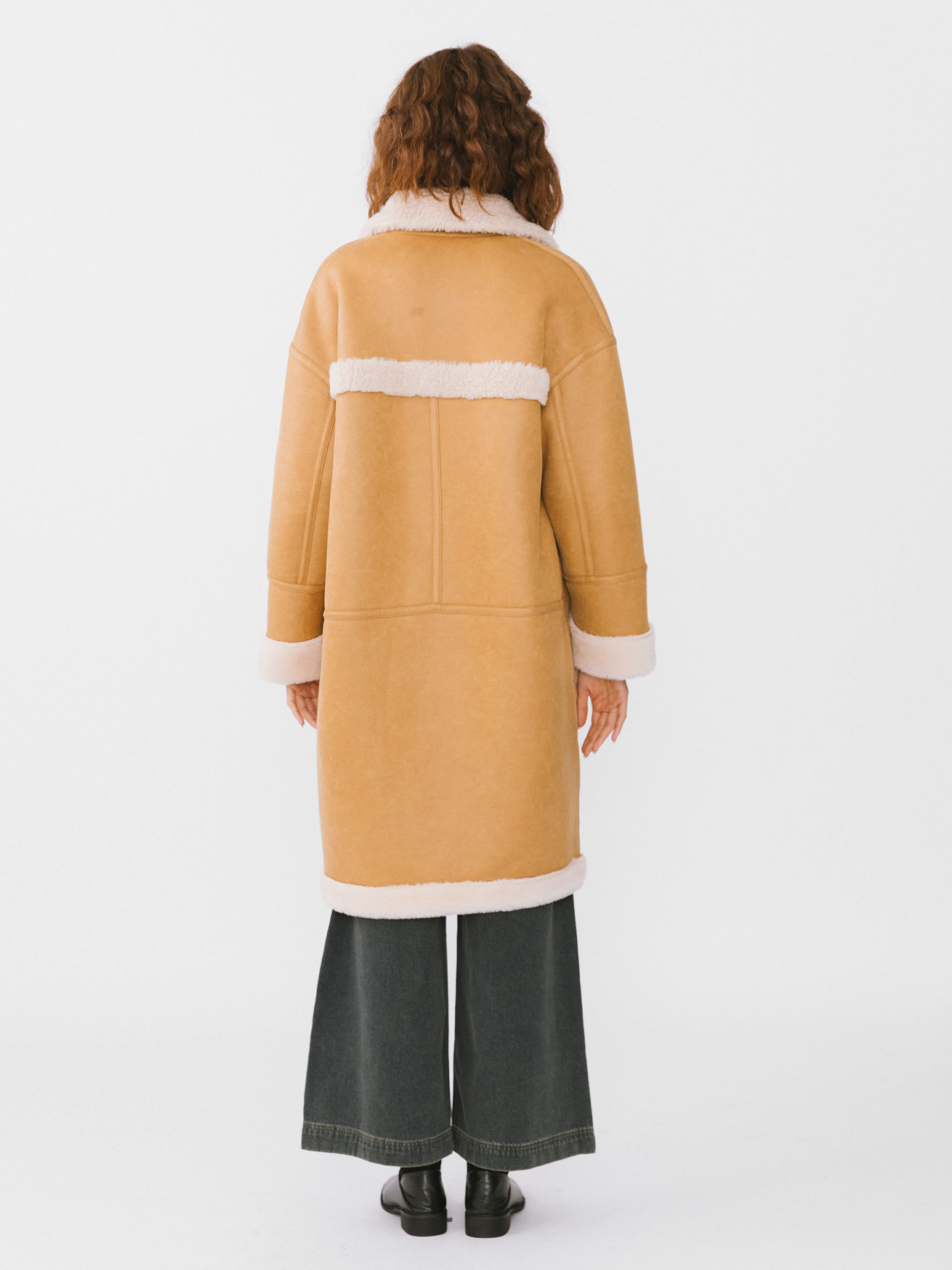 Yellow Faux Leather Sheep Wool Long Coat-7